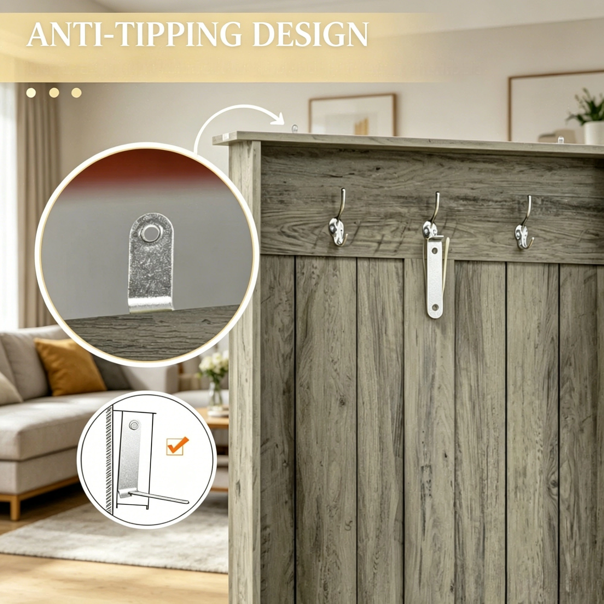 Grey Hall Tree with Shoe Storage Bench Entryway Organizer Coat Rack for Living Room view 7