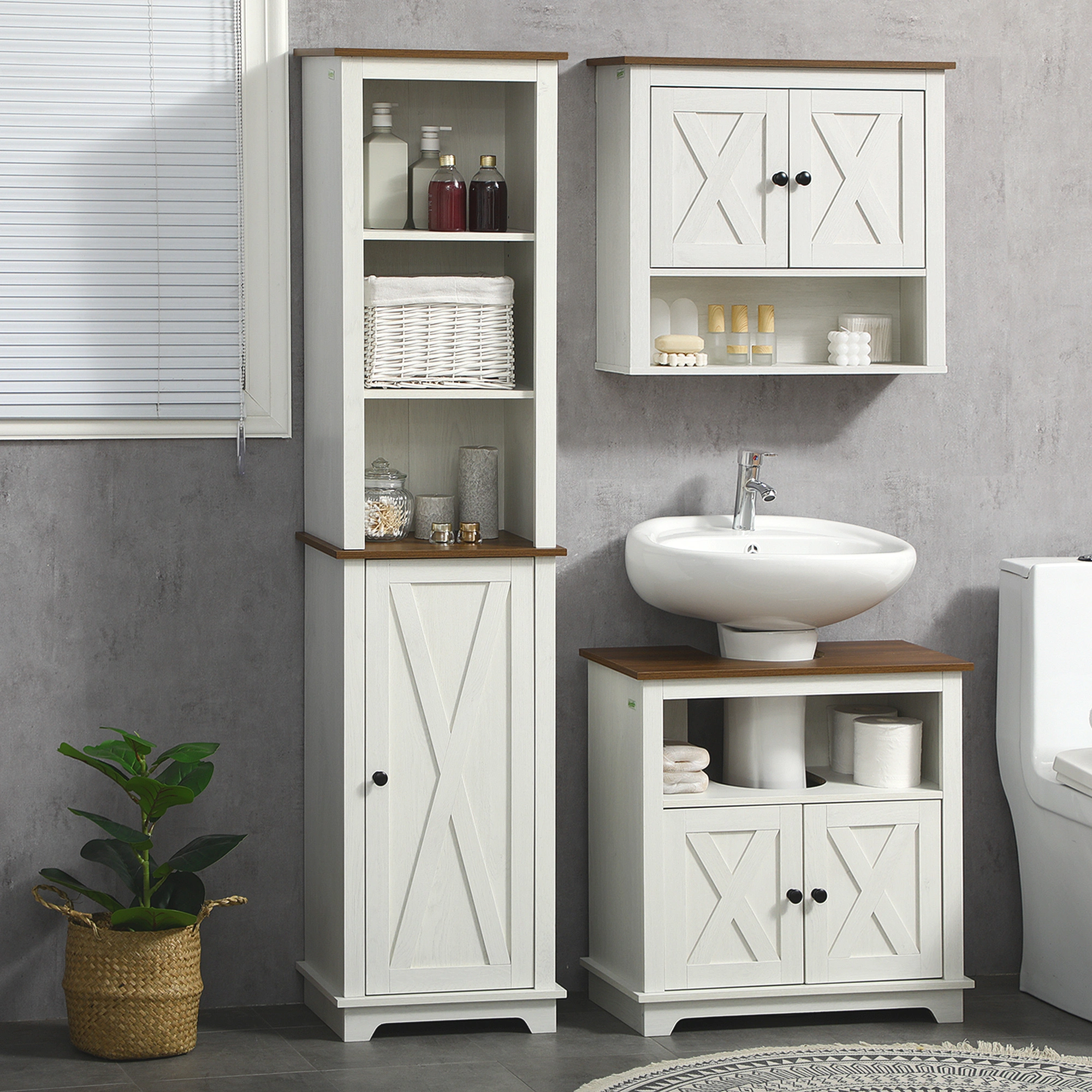 Bathroom Cabinet Storage Organizer, Wall Mounted Vanity with Shelving, White Finish
