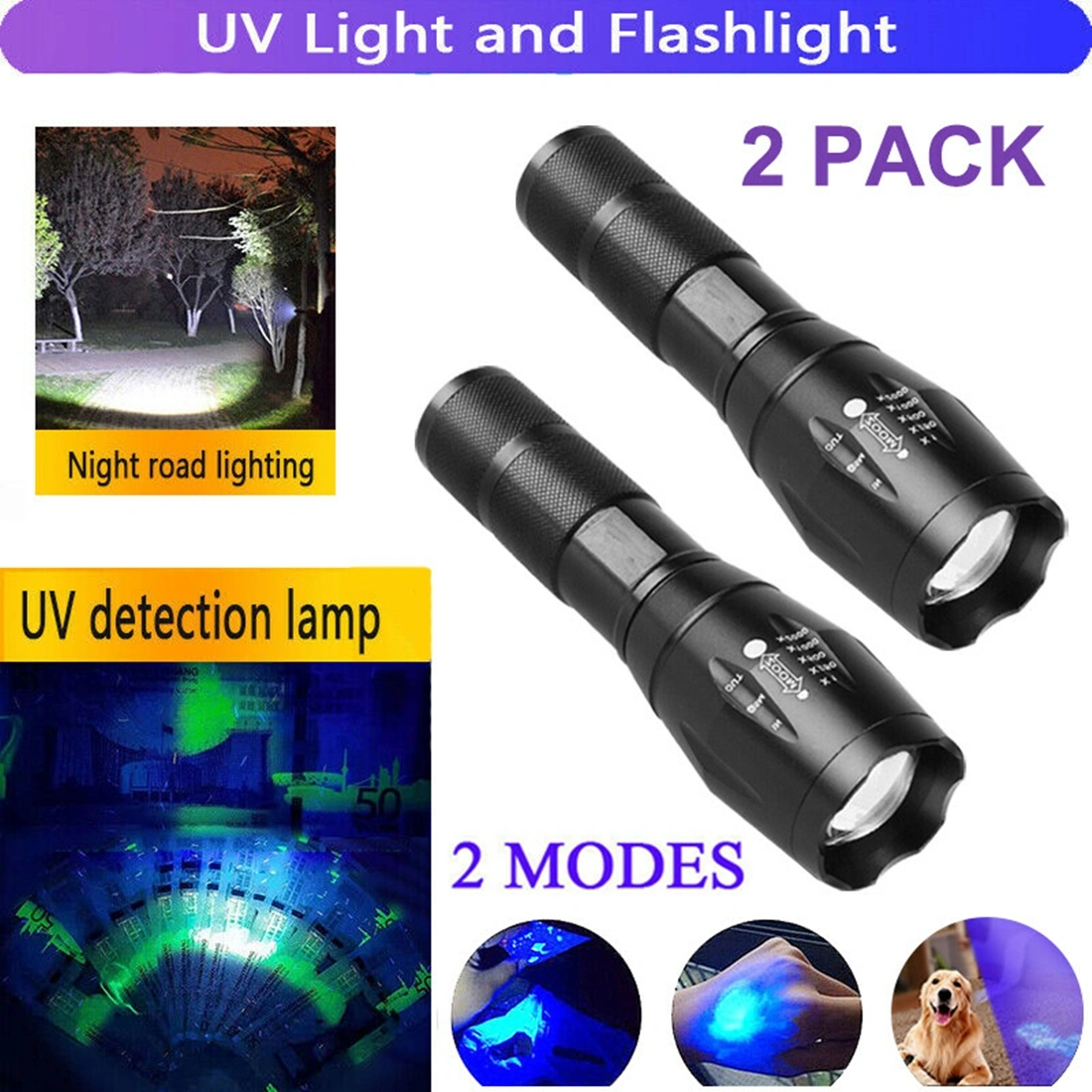 2 Pack 2 IN 1 LED Flashlight UV White Zoomable Detection Lamp Rechargeable Hunting Light
