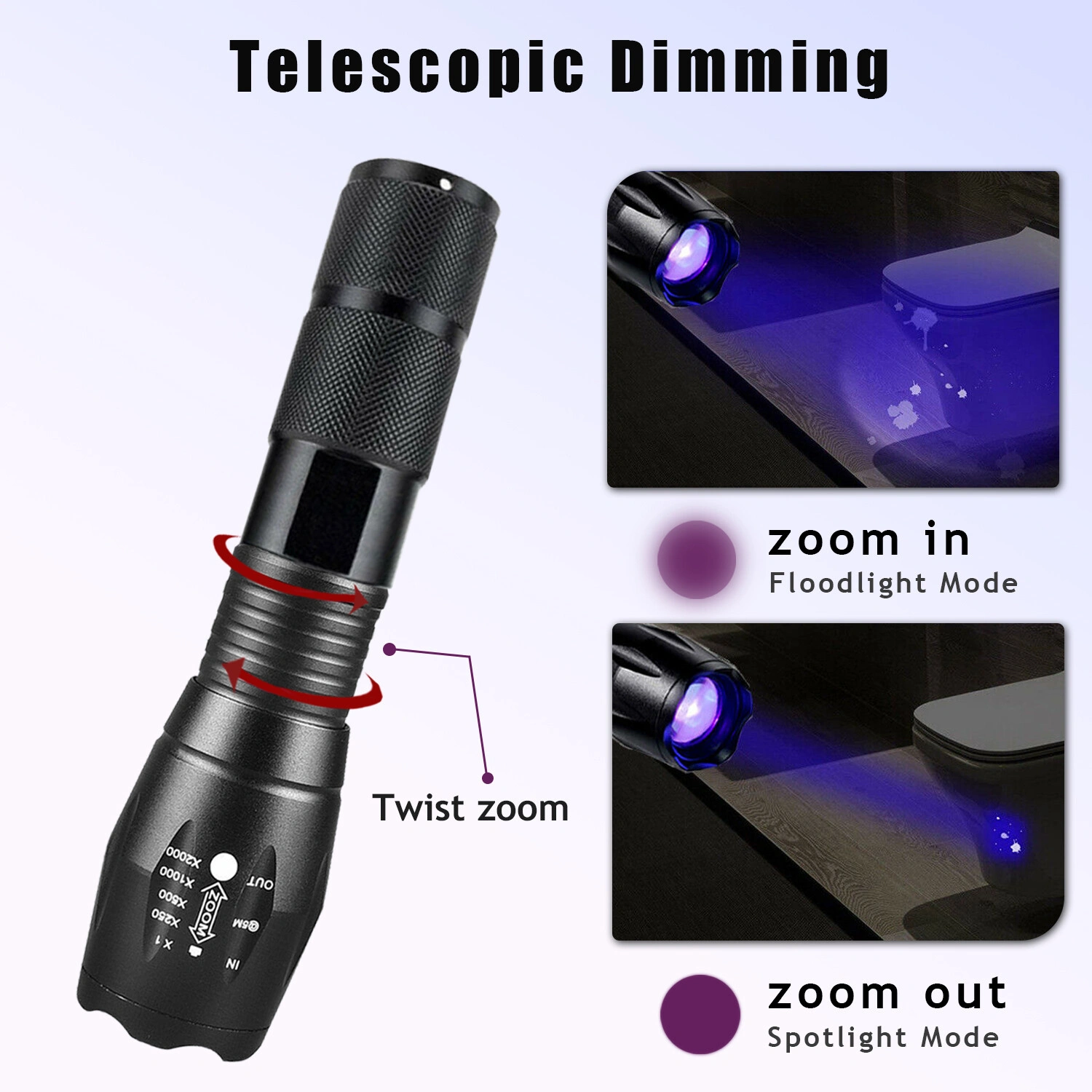 2 Pack 2 IN 1 LED Flashlight UV White Zoomable Detection Lamp Rechargeable Hunting Light view 4