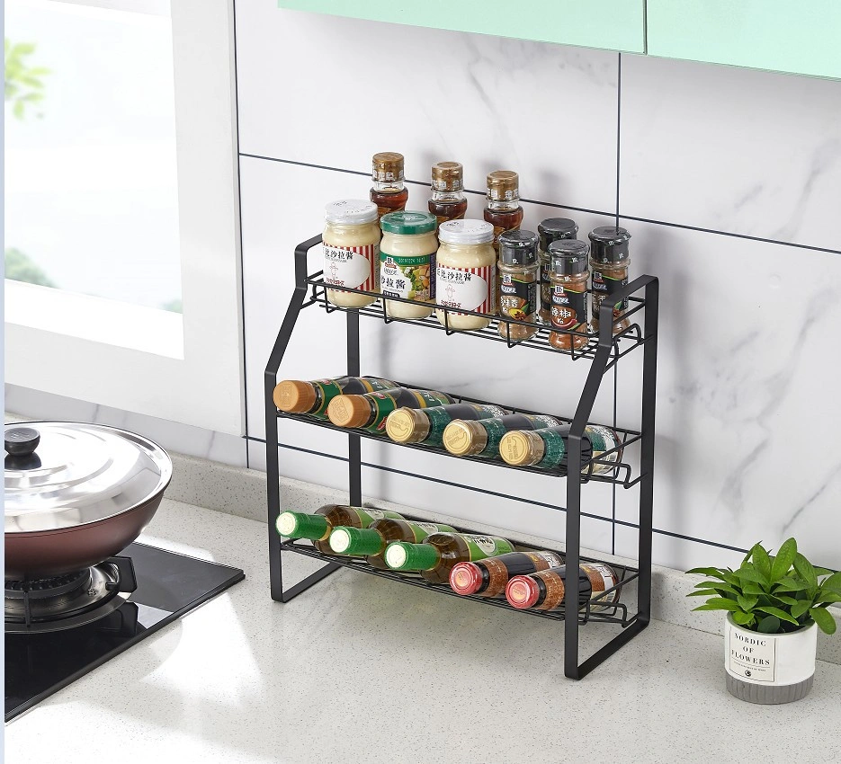 Black Three Tier Kitchen Seasoning Storage Rack Counter Organizer Spice Rack Shelf for Seasoning Jars,Spice Jars Sauce Bottles KJZWJ018-3HEI Two styles shipped at random