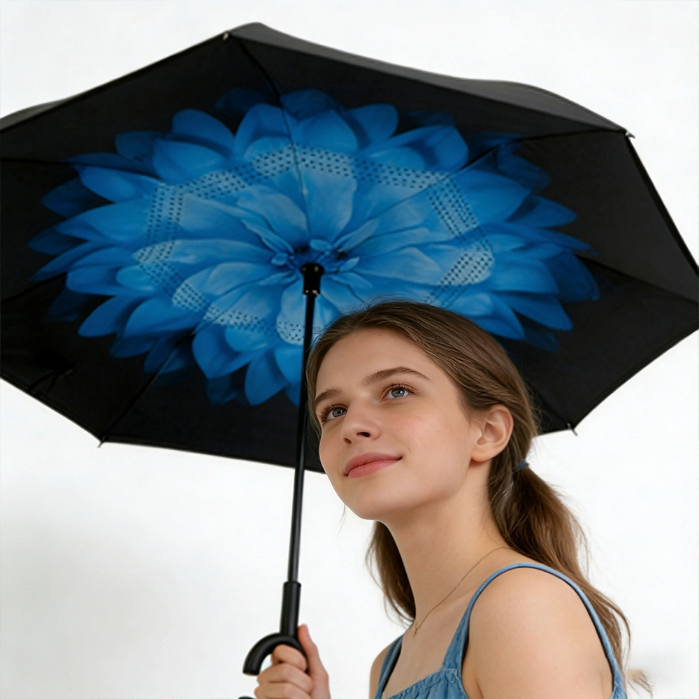 Blue Daisy Double Layer Inverted Umbrella Windproof UV Protection Reverse Open C Handle Large Self Standing Umbrella