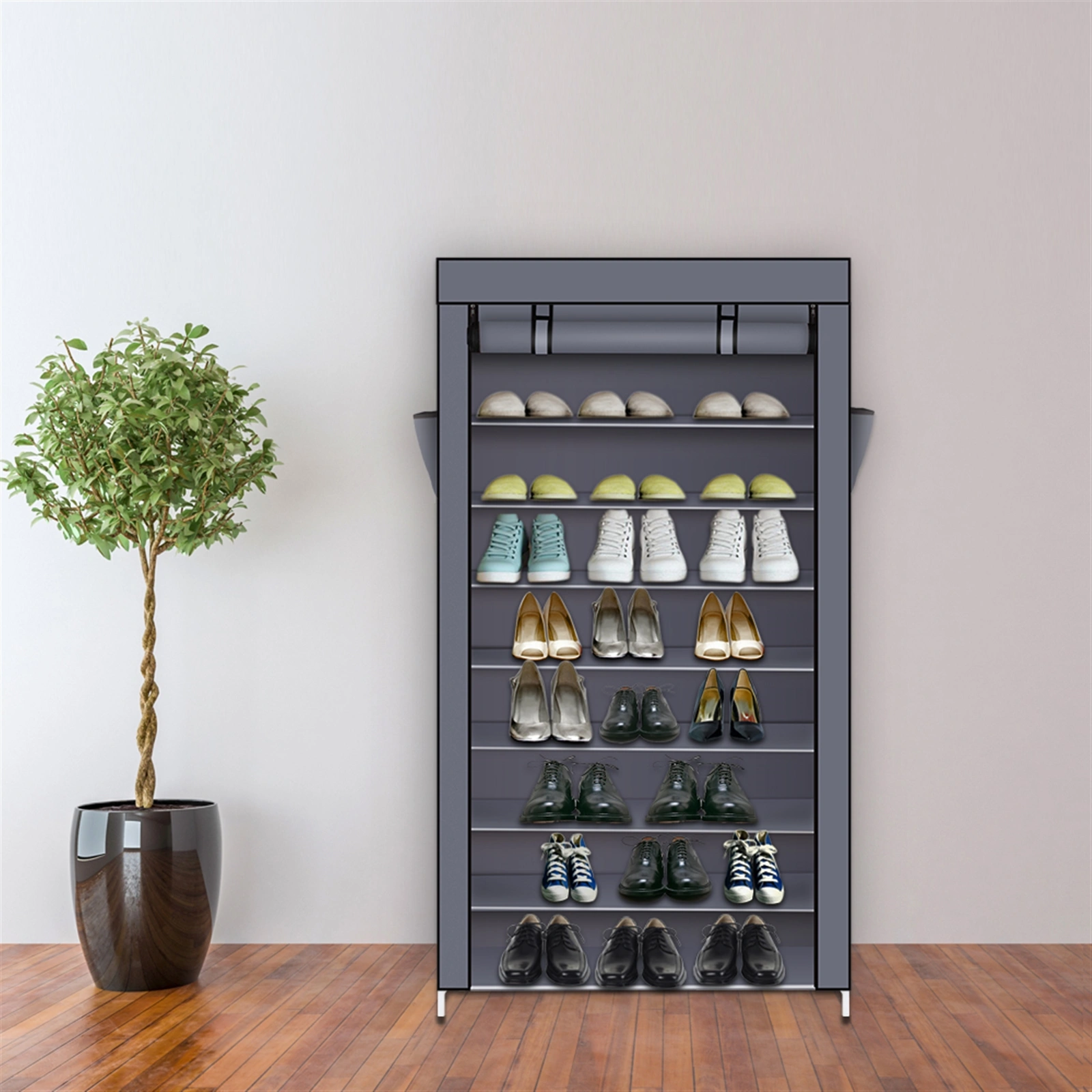 10 Tiers Shoe Rack with Dustproof Cover Closet Shoe Storage Cabinet Organizer Gray view 12