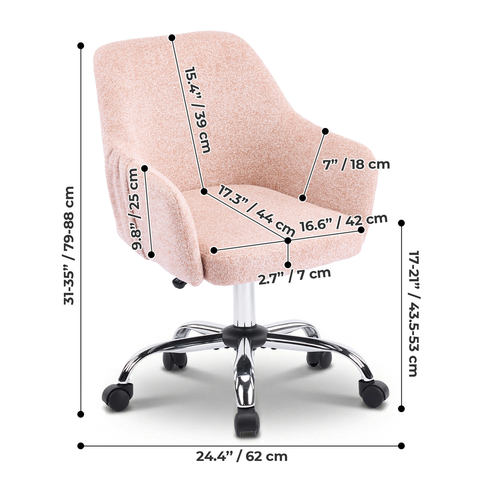 4" Vanity Desk Chair with Armrests Snowflake Velvet Upholstered Office Chair 31"-35" Height Adjustable 360° Swivel Rolling Chair for Bedroom Study Living Room Orange view 4