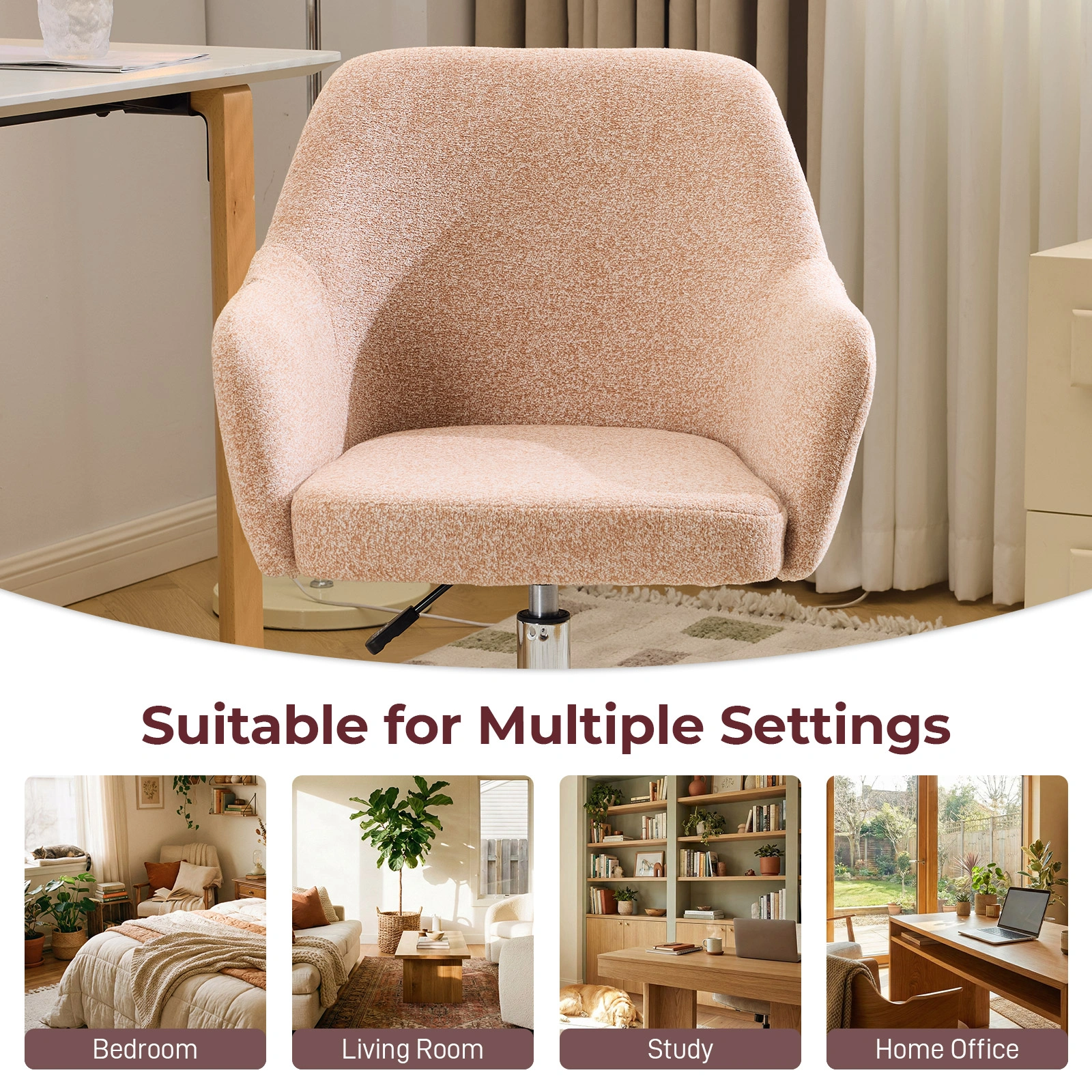4" Vanity Desk Chair with Armrests Snowflake Velvet Upholstered Office Chair 31"-35" Height Adjustable 360° Swivel Rolling Chair for Bedroom Study Living Room Orange view 5