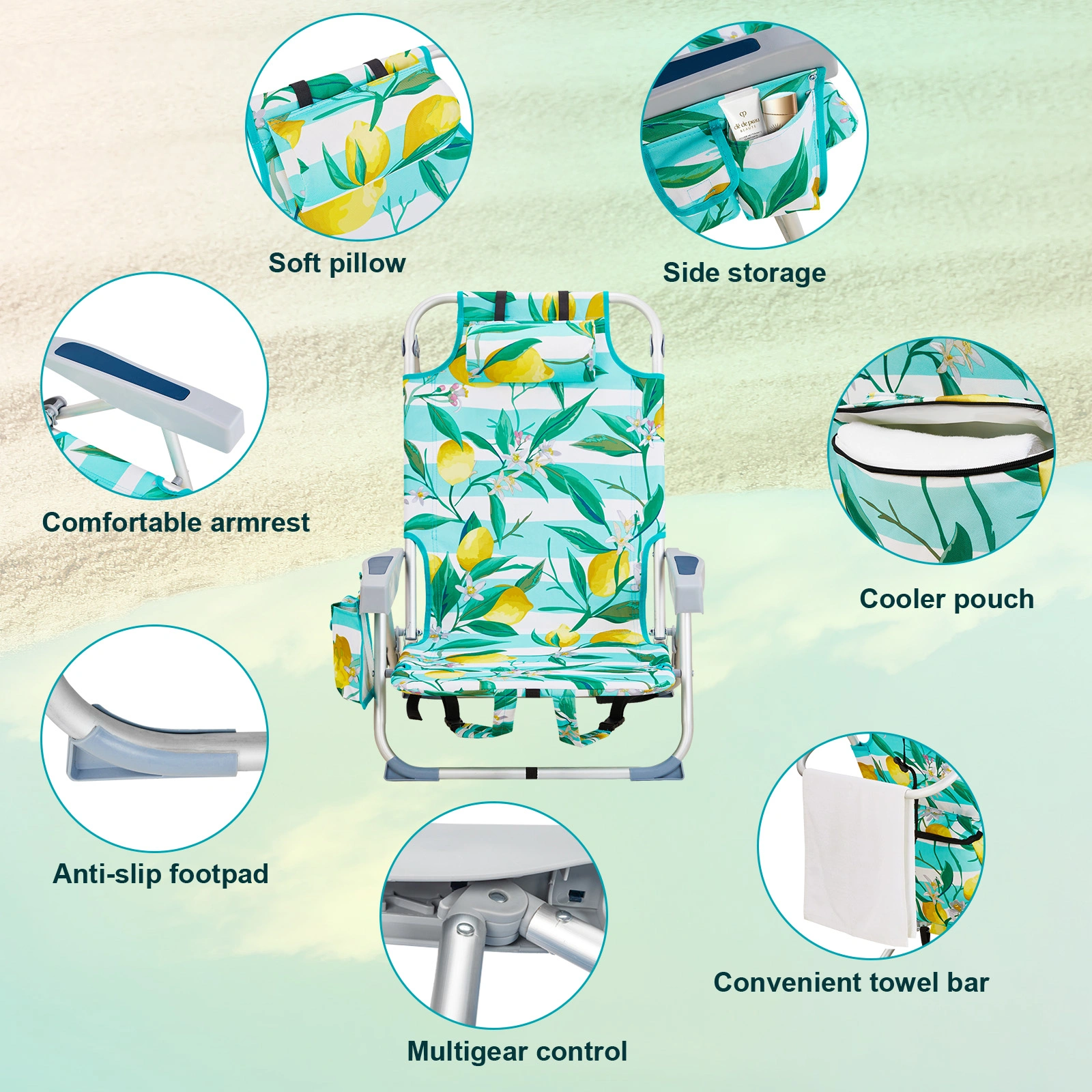 63*65*82cm Short Oxford Cloth Silver White Aluminum Tube Bearing 100kg Beach Chair Lemon view 15