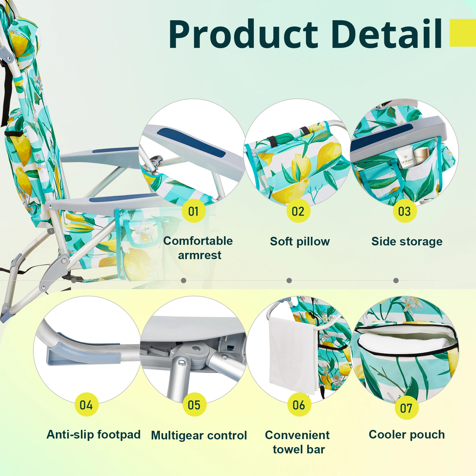 63*65*82cm Short Oxford Cloth Silver White Aluminum Tube Bearing 100kg Beach Chair Lemon view 7