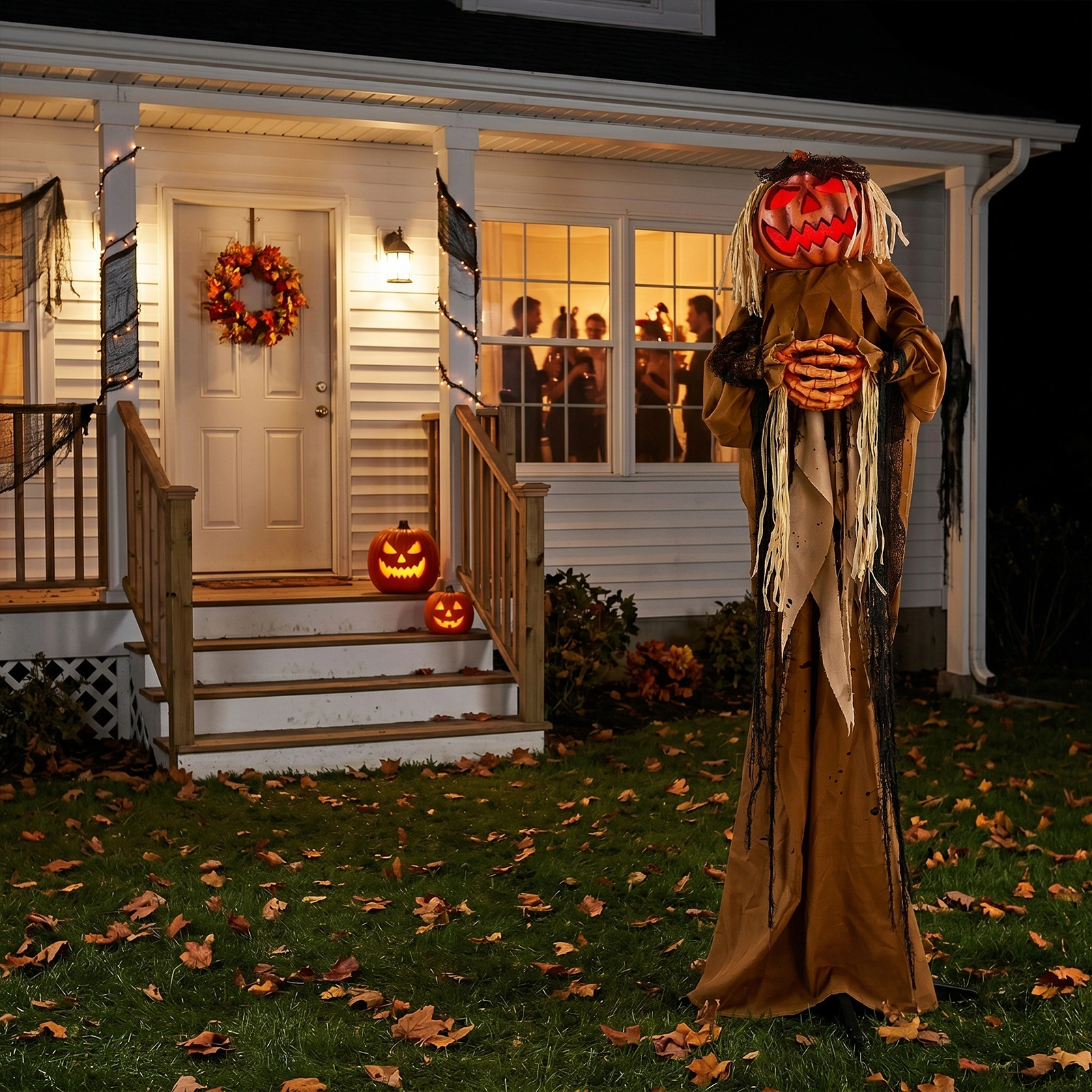 5.5ft Halloween Pumpkin Man Animatronic Decoration - Red Glowing Head, Sound Activated Head Turning, Talking Male Voice, Battery Operated Standing Prop view 10
