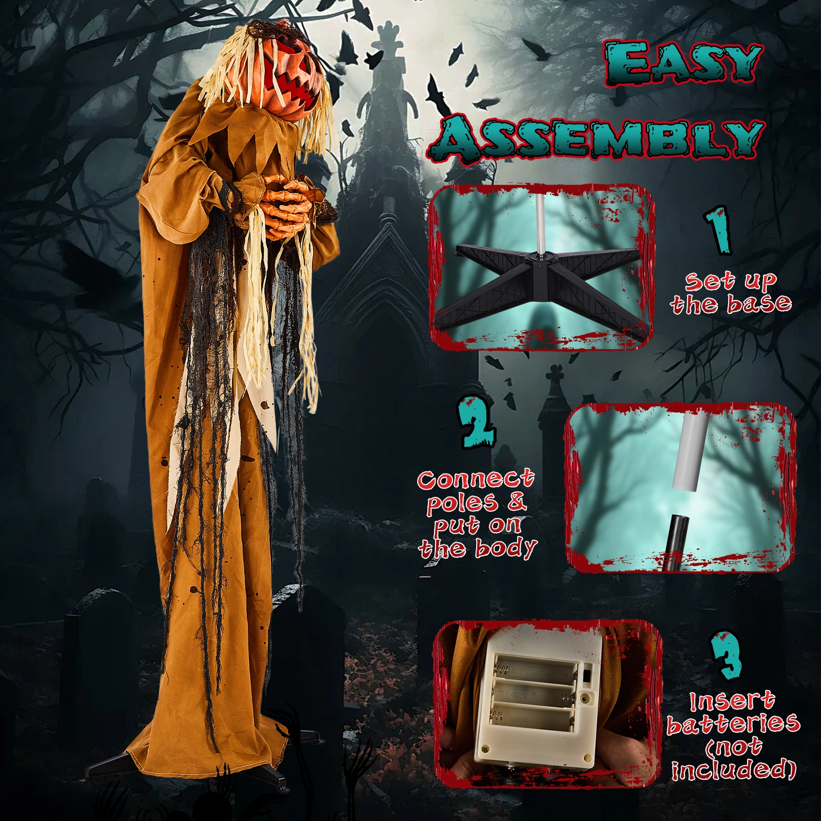 5.5ft Halloween Pumpkin Man Animatronic Decoration - Red Glowing Head, Sound Activated Head Turning, Talking Male Voice, Battery Operated Standing Prop view 5