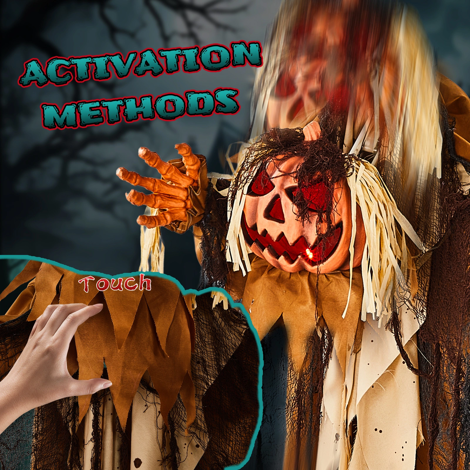5.5ft Halloween Pumpkin Man Animatronic Decoration - Red Glowing Head, Sound Activated Head Turning, Talking Male Voice, Battery Operated Standing Prop view 8