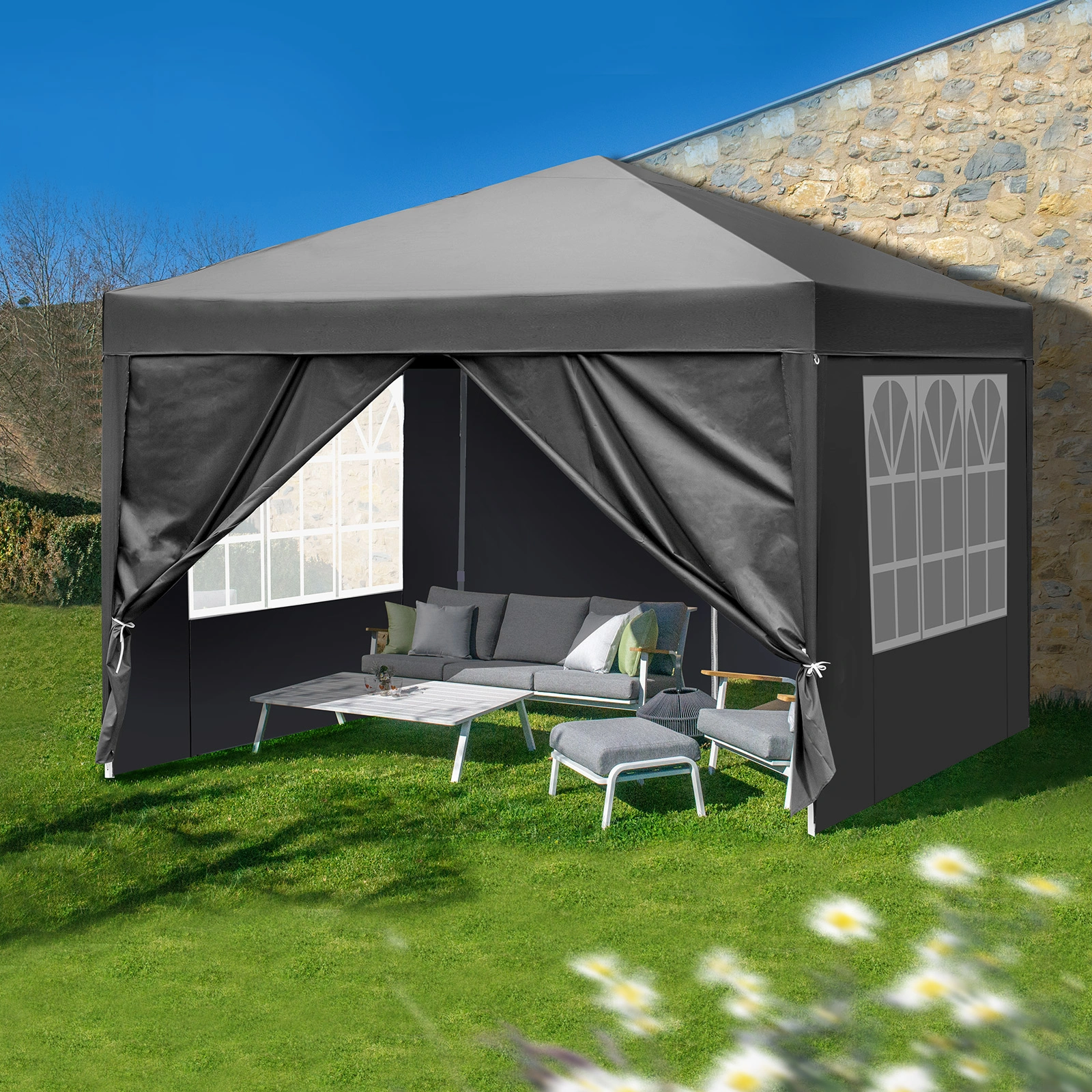 10x10ft Outdoor Pop Up Canopy, Portable Instant Canopy Tent with 4 Sidewalls for Outdoor Events Party Wedding Birthday Graduation, Dark Grey view 24