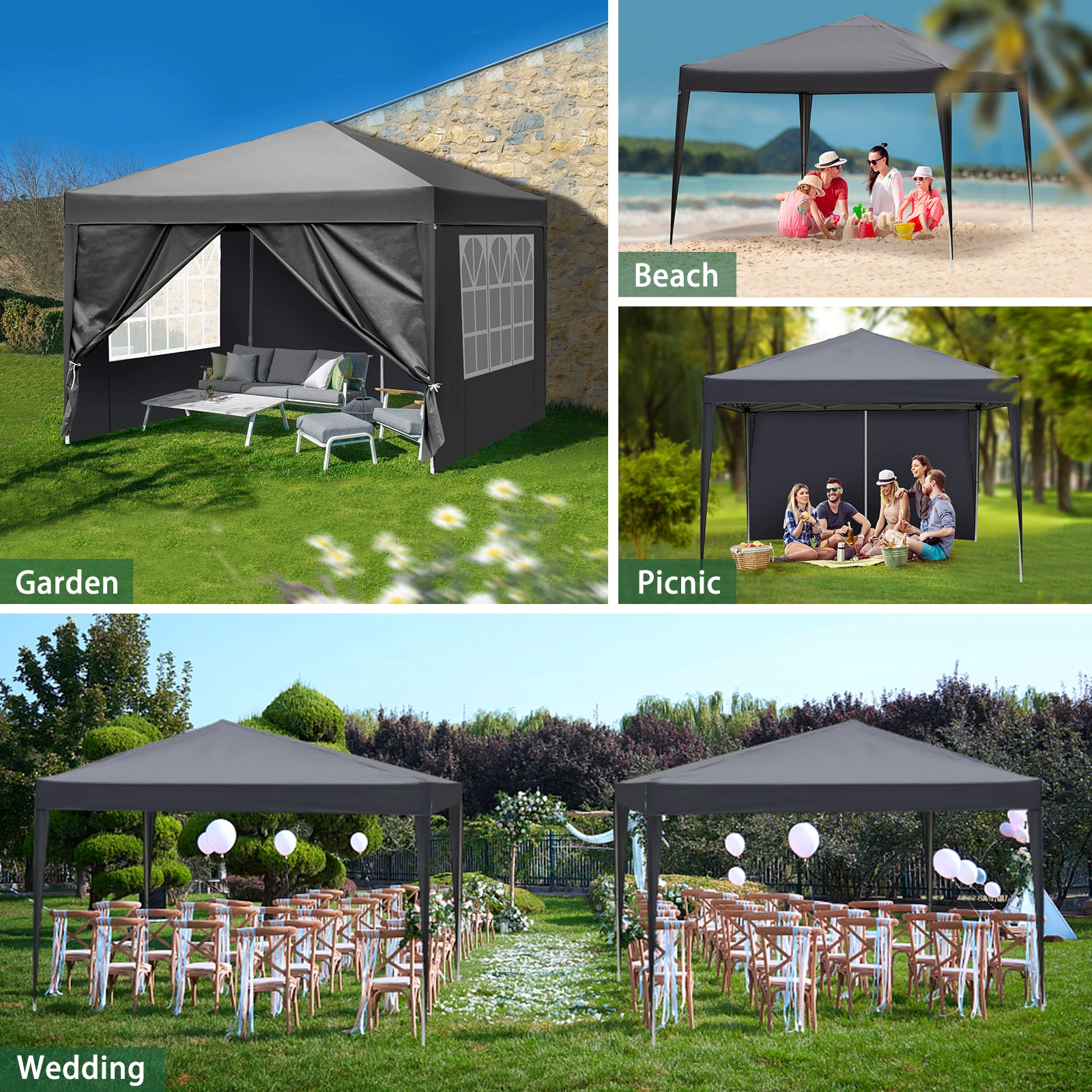 10x10ft Outdoor Pop Up Canopy, Portable Instant Canopy Tent with 4 Sidewalls for Outdoor Events Party Wedding Birthday Graduation, Dark Grey view 27