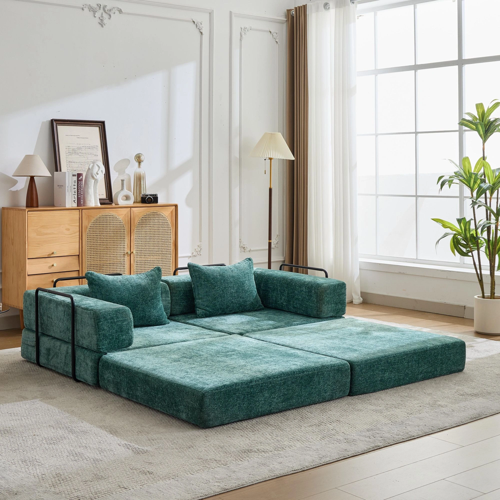 Compression Sofa,Convertible Floor Sofa Bed with Fixed-Shape Frame, Loveseats Boneless Modular Sectional Sofa,No Assembly Required,Chenille fabric,for Living Room Bedroom,Dark Green view 2