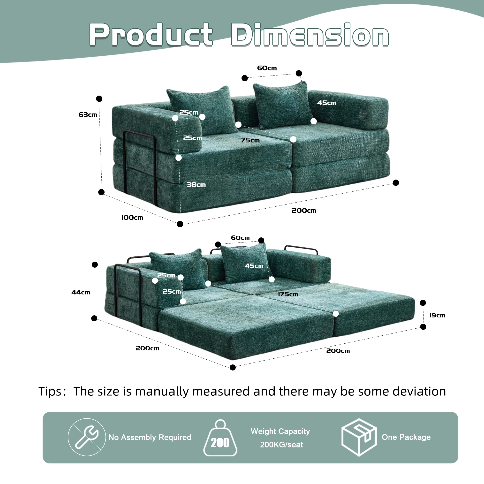 Compression Sofa,Convertible Floor Sofa Bed with Fixed-Shape Frame, Loveseats Boneless Modular Sectional Sofa,No Assembly Required,Chenille fabric,for Living Room Bedroom,Dark Green view 3