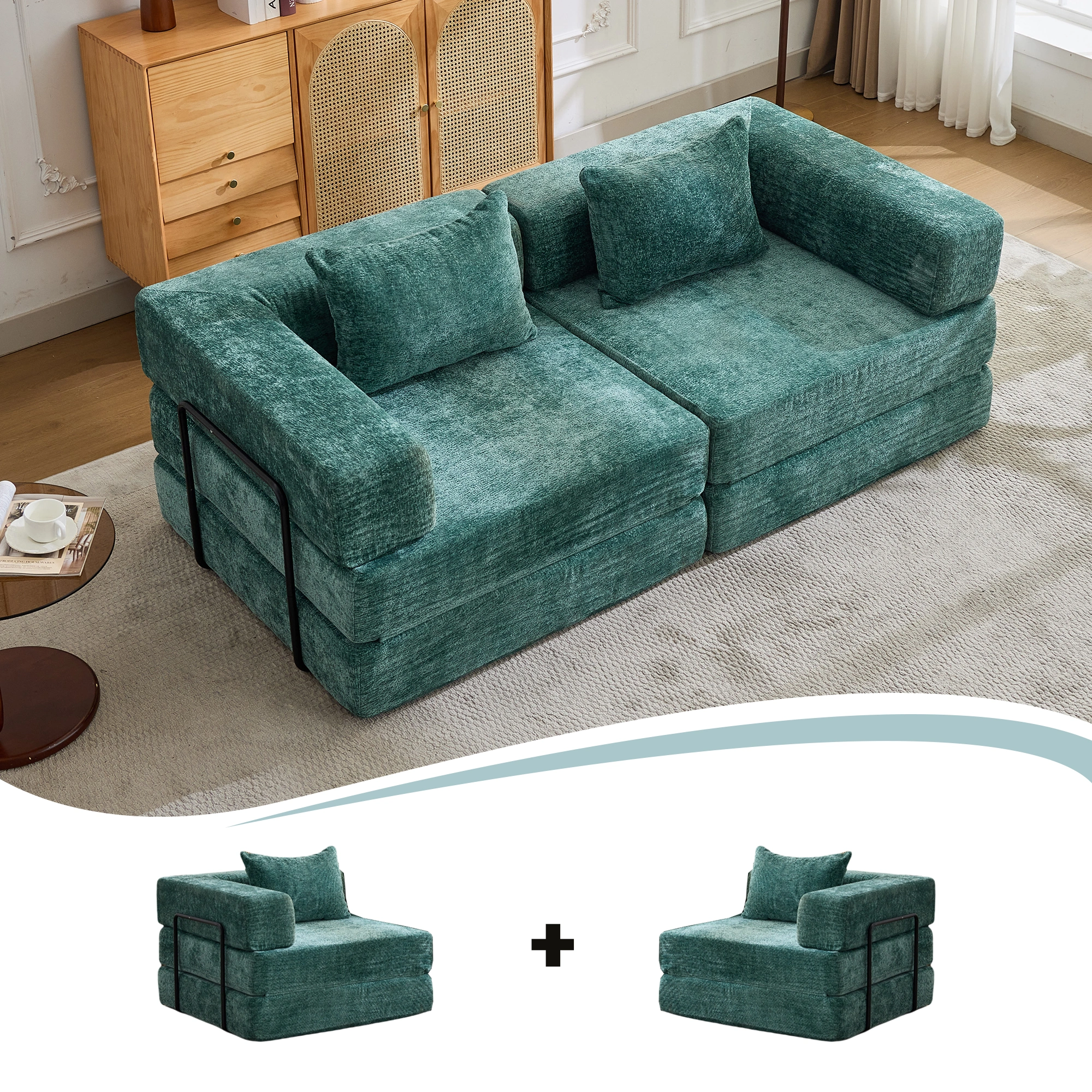Compression Sofa,Convertible Floor Sofa Bed with Fixed-Shape Frame, Loveseats Boneless Modular Sectional Sofa,No Assembly Required,Chenille fabric,for Living Room Bedroom,Dark Green view 4
