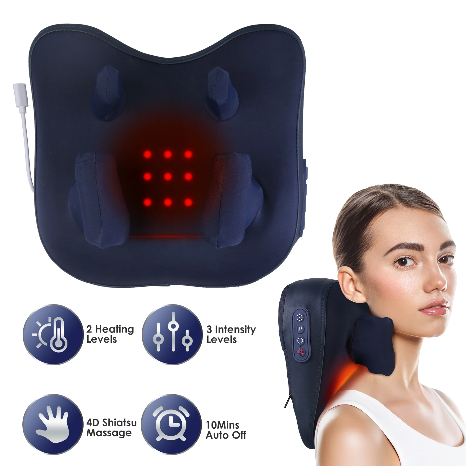 4D Deep Shiatsu Massager, 6-Node Kneading with 2 Heating Levels & 3 Intensities, Cordless Neck & Back Massager with Auto Shut-Off Timer