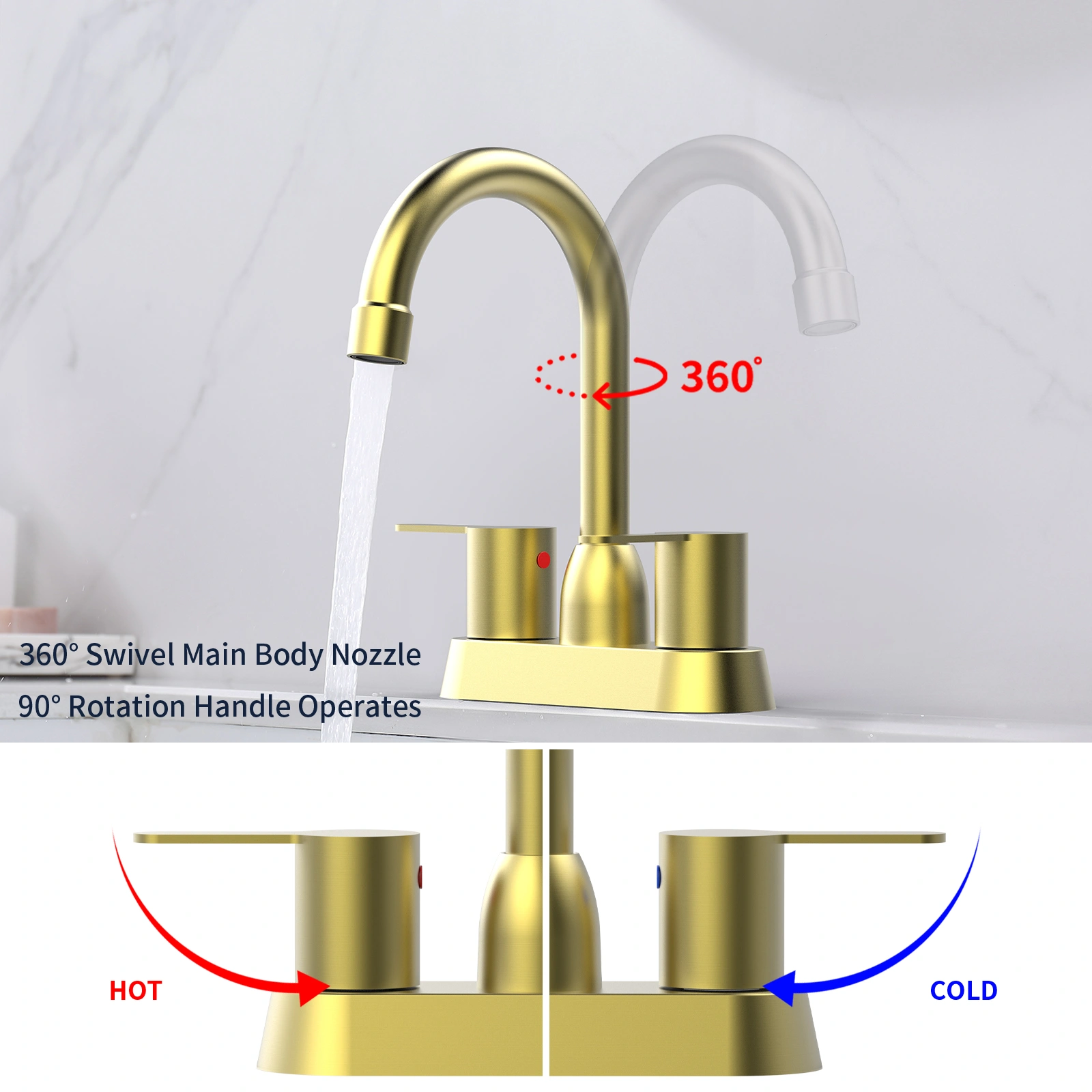 Brushed Gold 2-Handle Centerset Bathroom Faucet for RV & Van, 3-Hole Mount, 1.2 GPM Water Saving view 3