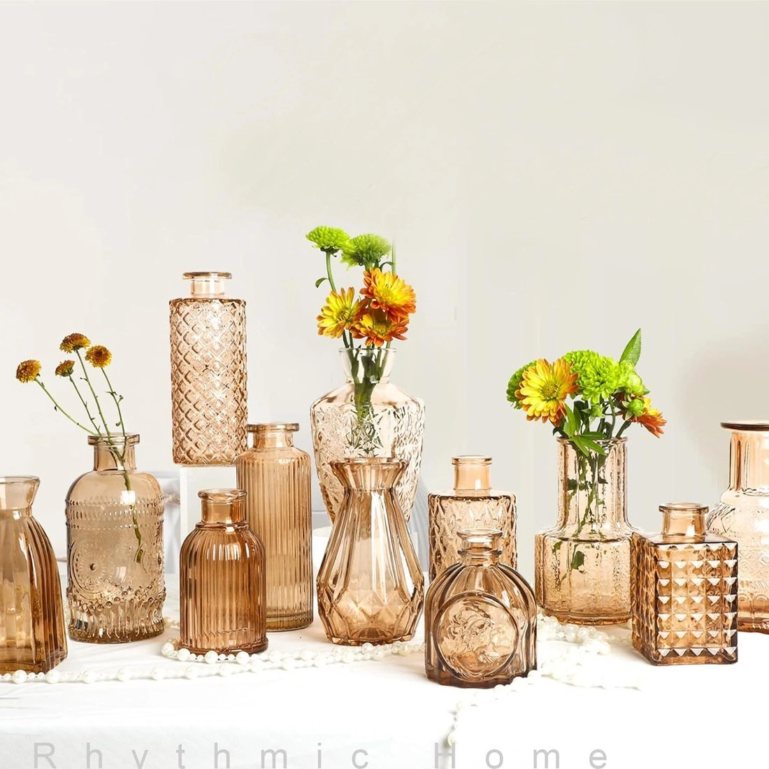 Set of 12 Small Green Glass Bud Vases - Mini Glass Vases for Centerpieces, Flowers & Home Decor