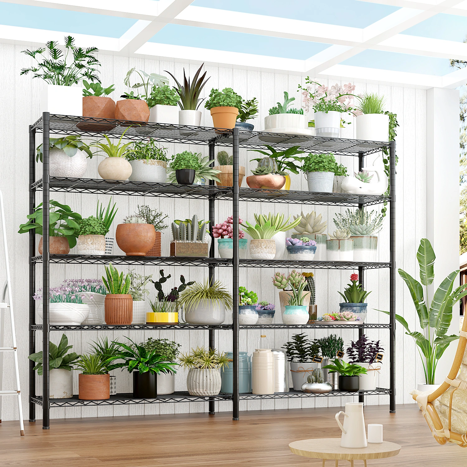 5-layer double row, freely adjustable layer spacing, with adjustable feet, display stand, iron, 177*40*180cm, powder-coated black view 14