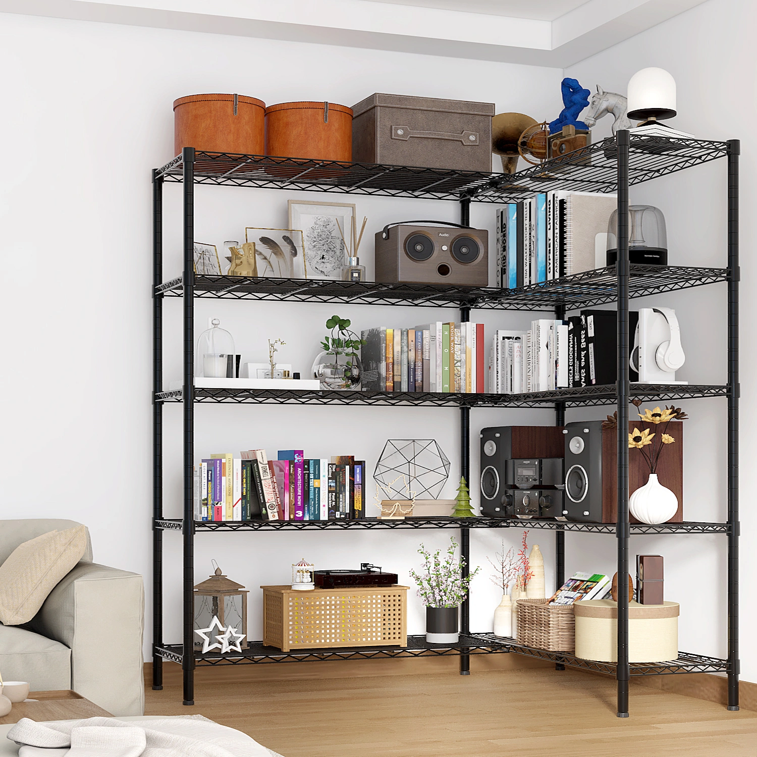 5-layer double row, freely adjustable layer spacing, with adjustable feet, display stand, iron, 177*40*180cm, powder-coated black view 16