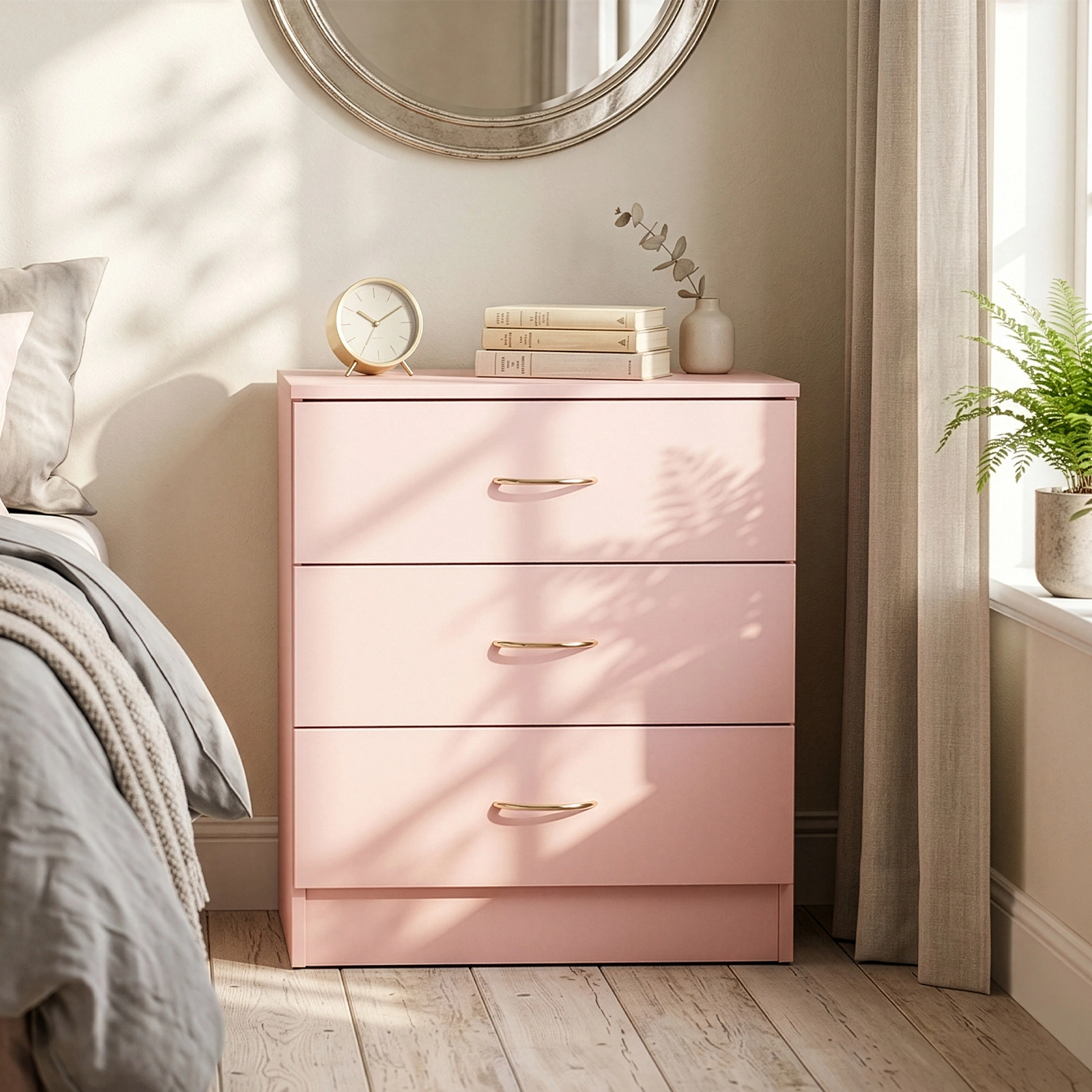 3-Drawer Chest with Faux Rose Gold Handles Drawer Dresser 22.05*12.99*25.98in Pink view 12