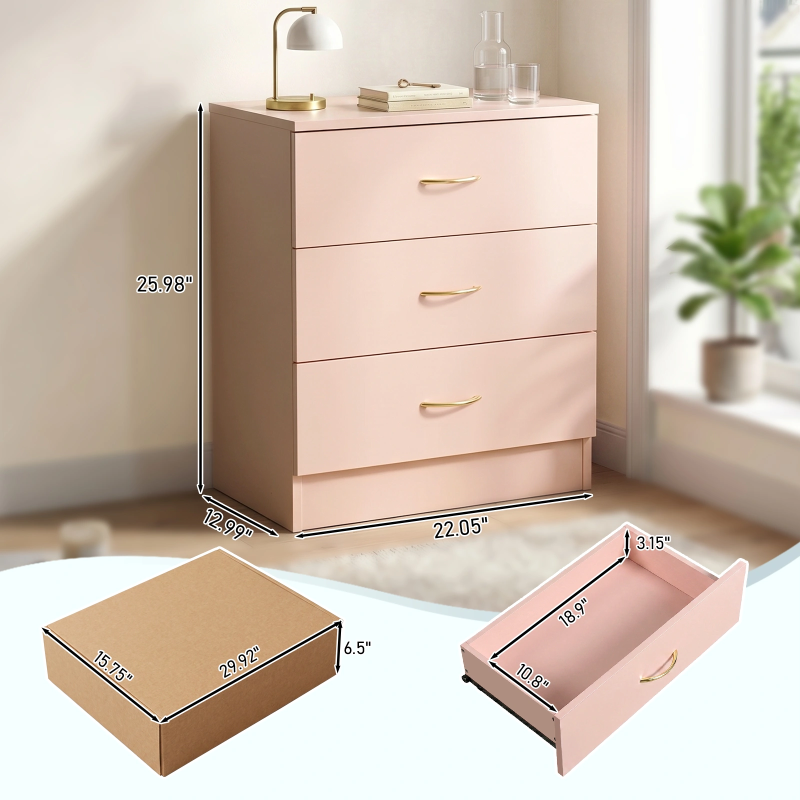 3-Drawer Chest with Faux Rose Gold Handles Drawer Dresser 22.05*12.99*25.98in Pink view 5