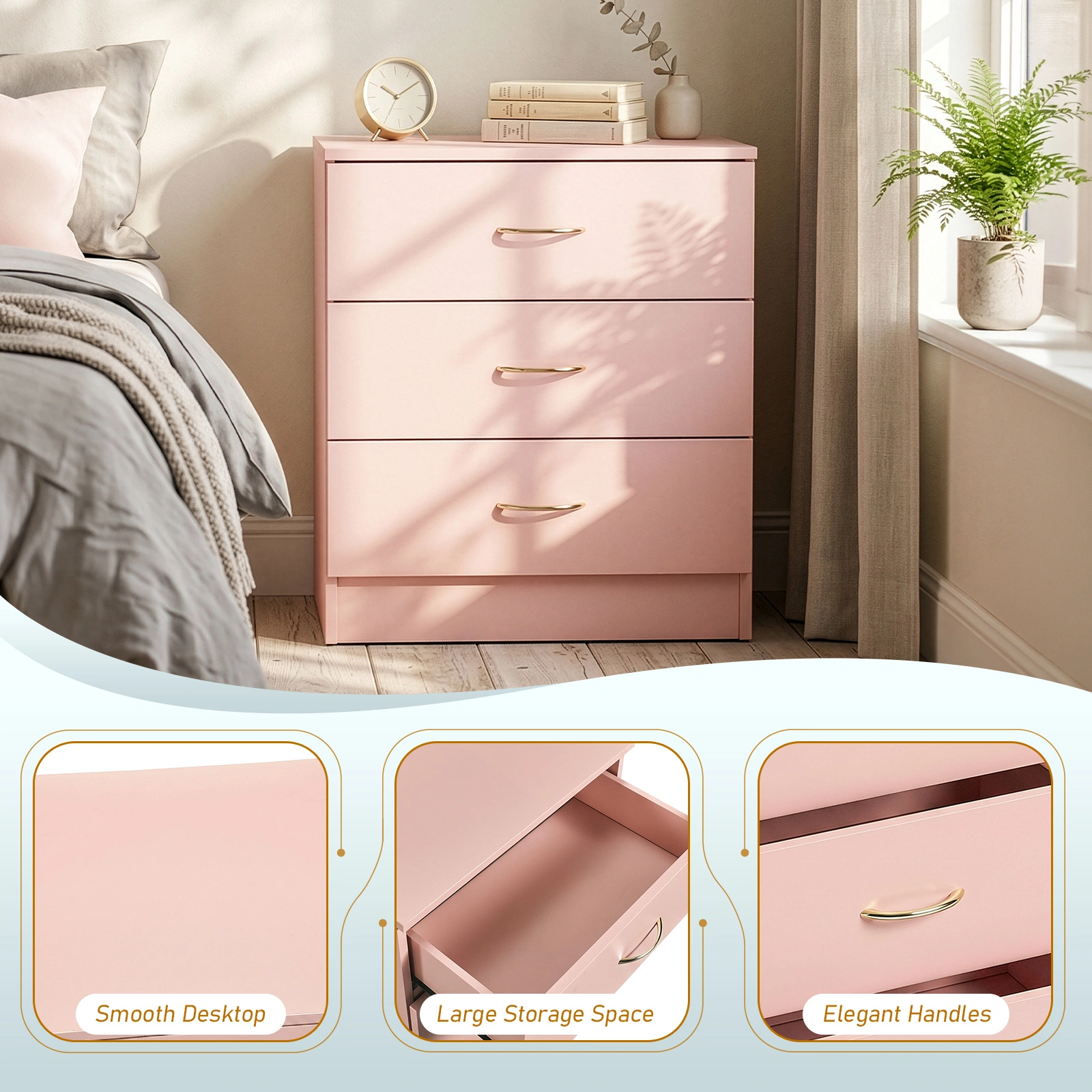 3-Drawer Chest with Faux Rose Gold Handles Drawer Dresser 22.05*12.99*25.98in Pink view 7