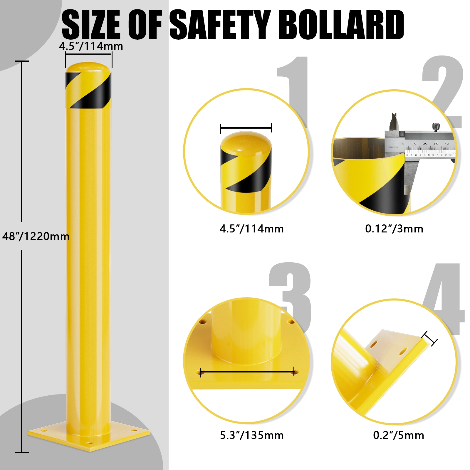 48 Inch Yellow Steel Parking Bollard Post, 4.5" Diameter Powder Coated Safety Barrier for Traffic Sensitive Areas view 2