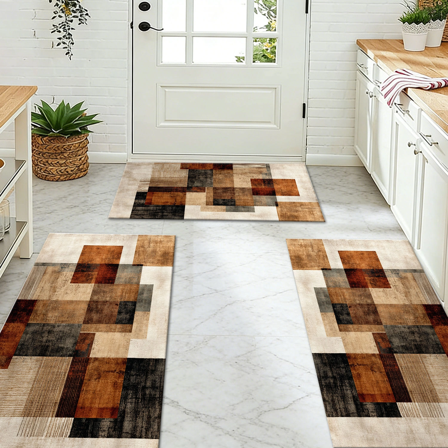 Three-piece kitchen rug set, non-slip and washable, abstract pattern kitchen hallway rug, soft and comfortable, suitable for sinks, floors, entrances, hallways and bathrooms. view 9