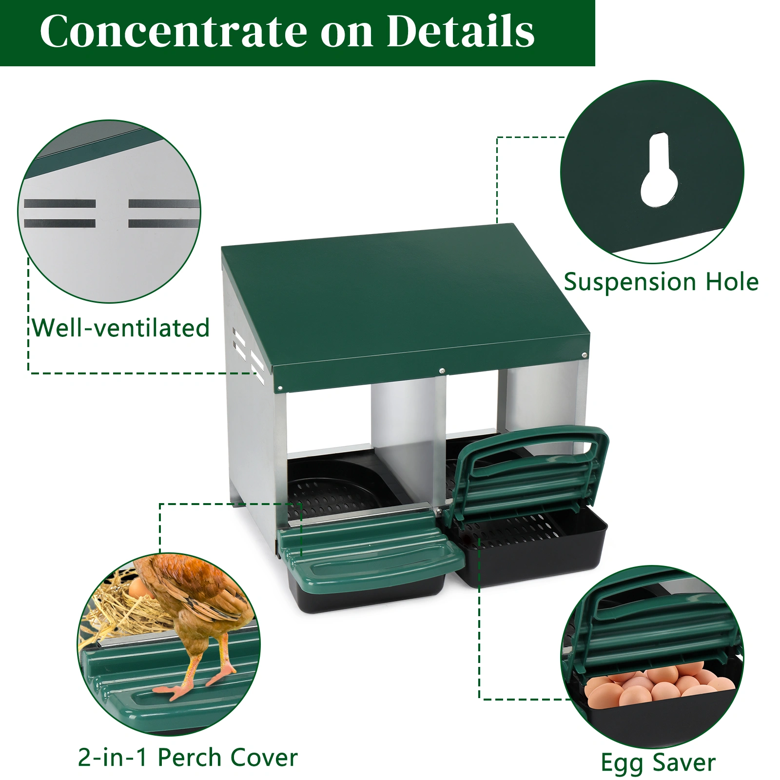 2 Compartment Roll Out Chicken Nesting Box with Plastic Basket, Egg Nest Box Chicken Laying Box Hens Chicken Coop Box, Green view 10