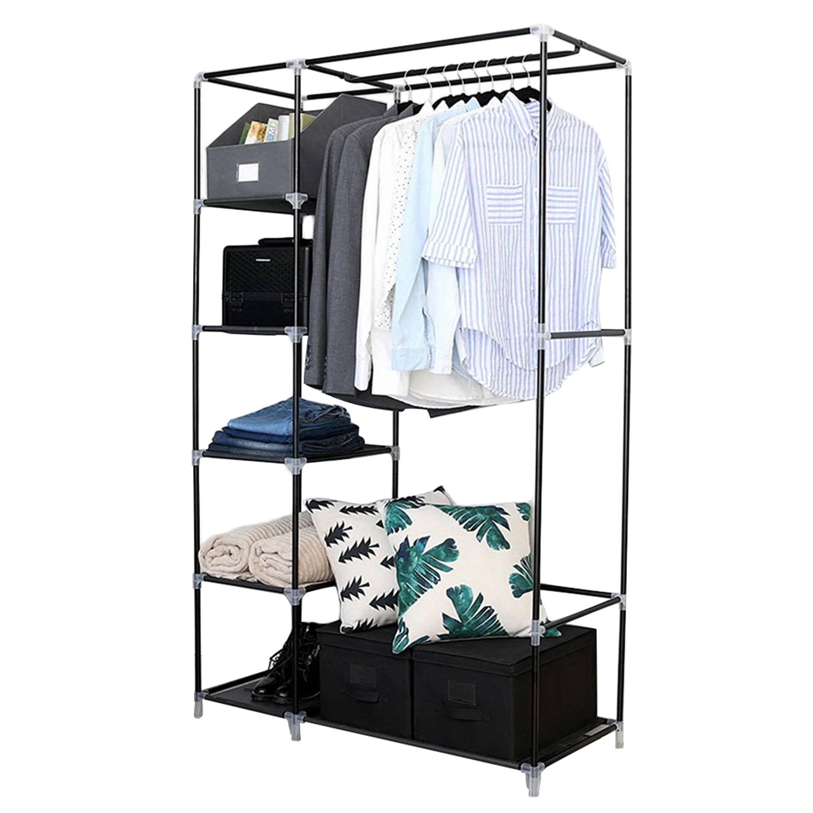 64" Portable Closet Storage Organizer Wardrobe Clothes Rack with Shelves Black view 15