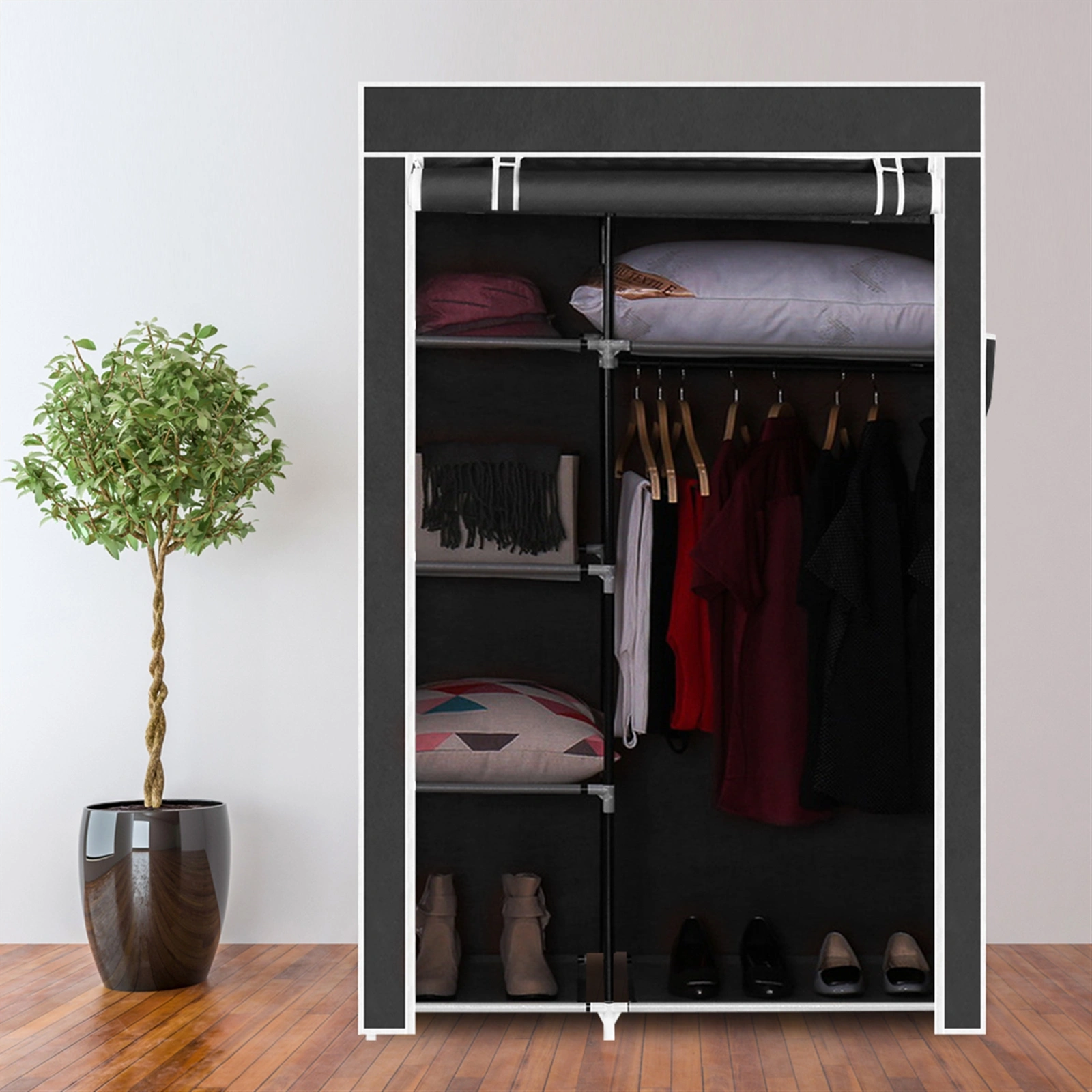 64" Portable Closet Storage Organizer Wardrobe Clothes Rack with Shelves Black view 16