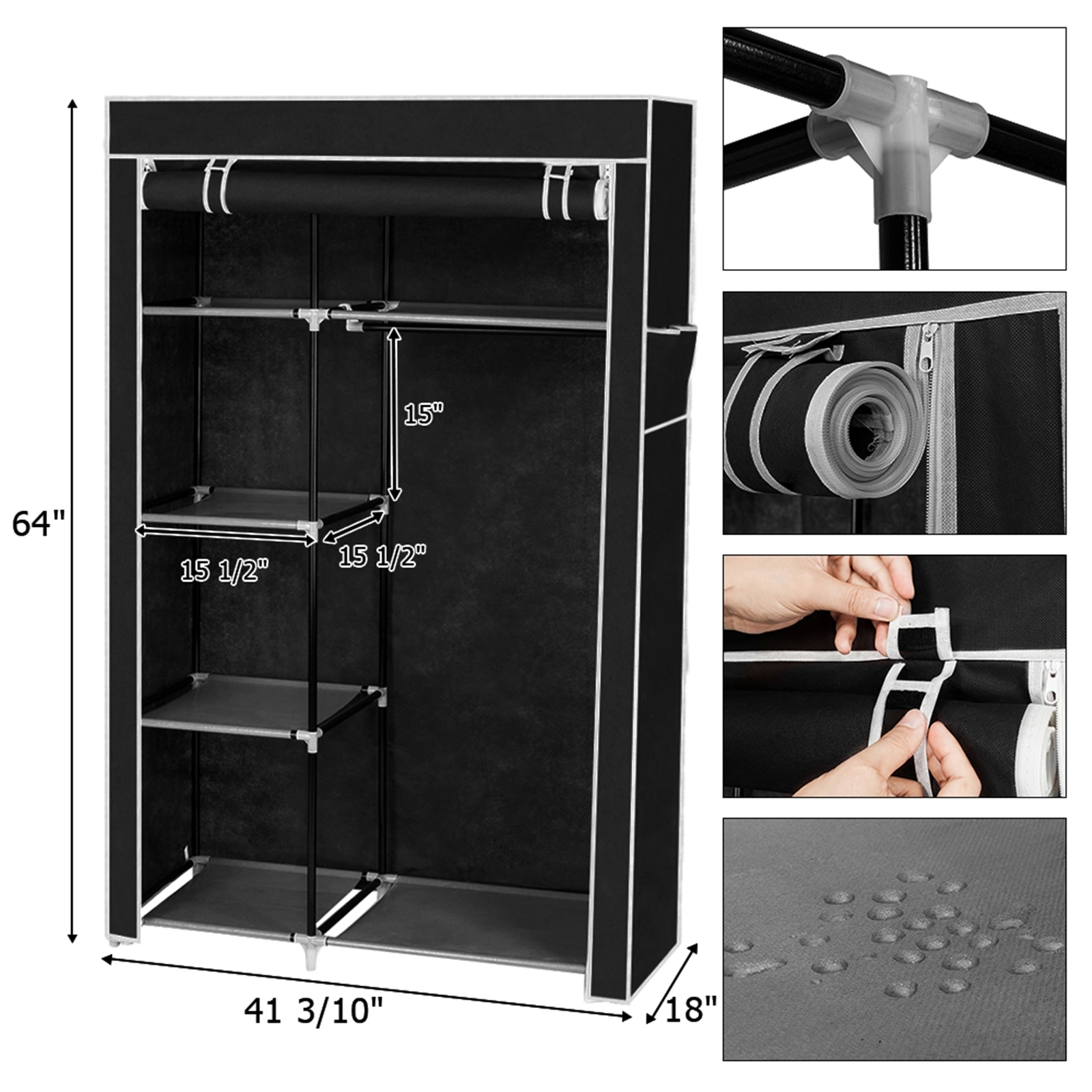 64" Portable Closet Storage Organizer Wardrobe Clothes Rack with Shelves Black view 18