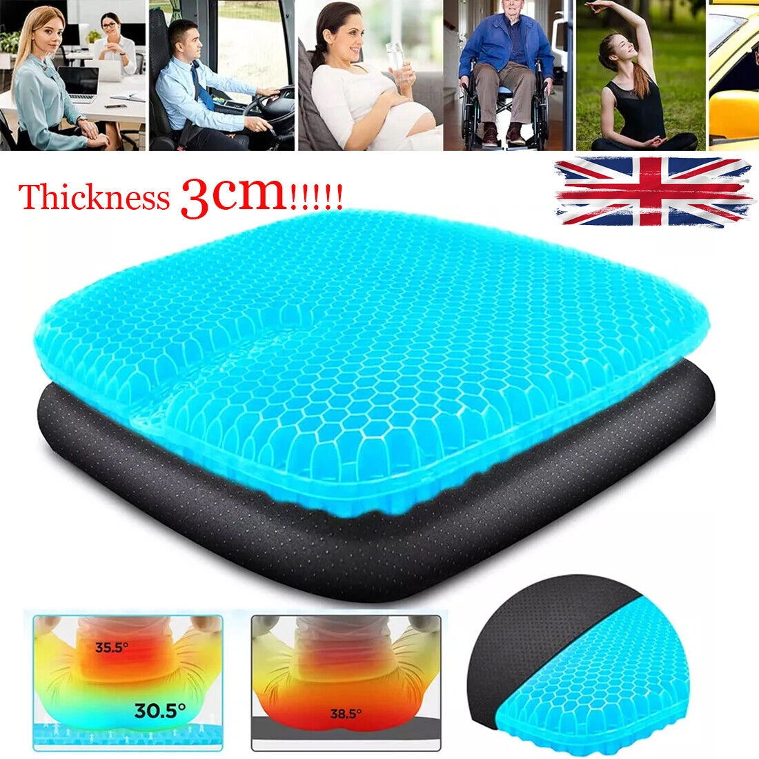 Cooling Gel Seat Cushion, Honeycomb Breathable Memory Foam Car Seat Pad, Double-Thick Ergonomic Sitting Cushion view 2