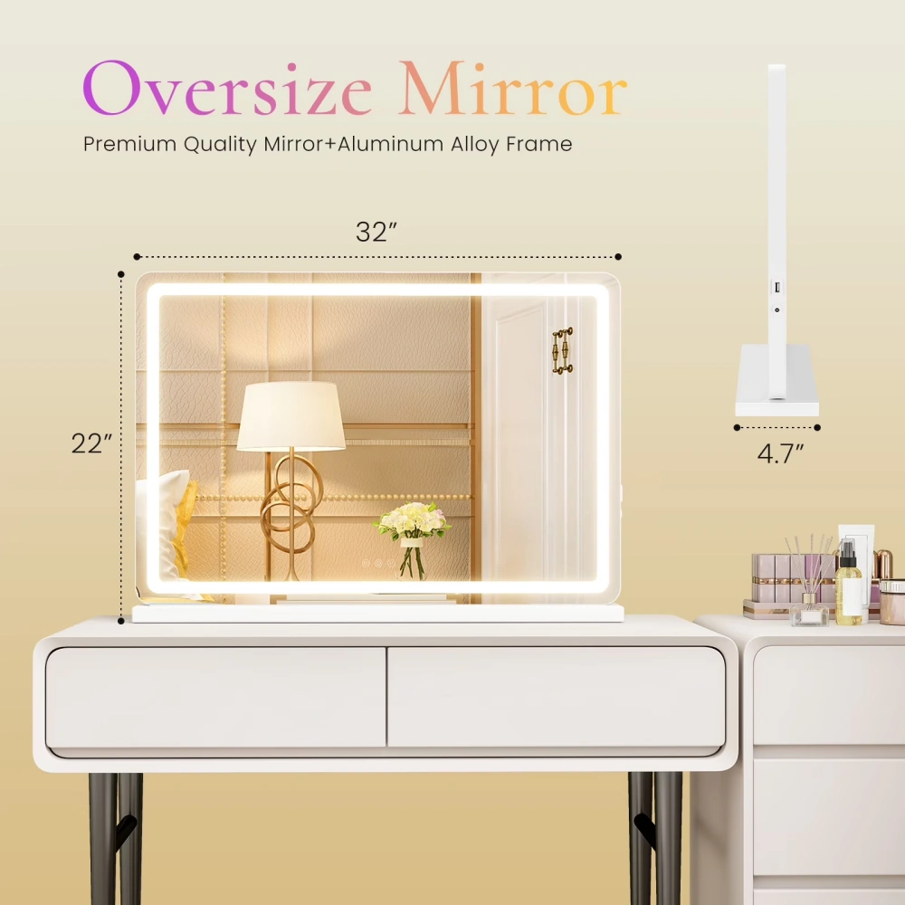 22x32 LED Vanity Mirror with Lights, Dimmable 3-Color Temperatures, Touch Screen Makeup Mirror for Dressing Table, White Square view 2
