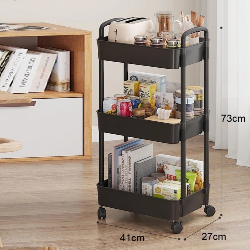 3 Tier Storage Trolley Cart on Wheels Kitchen Bathroom Laundry Narrow Space Rack black view 3