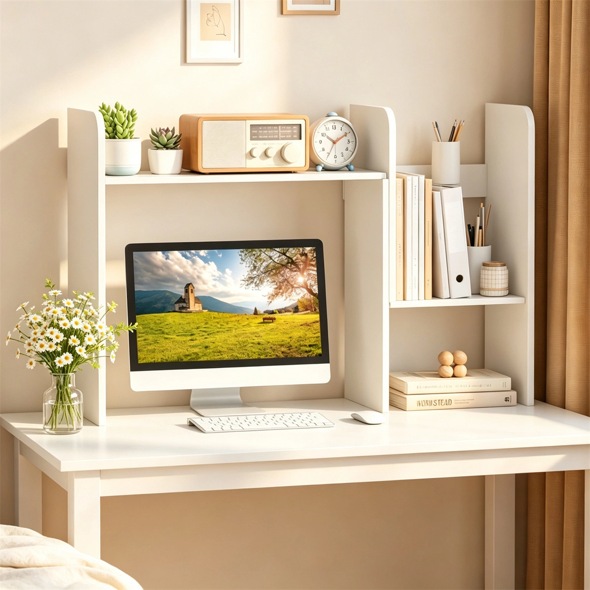 Expandable Desktop Bookshelf Organizer, 26"-38" Adjustable Length Countertop Storage Hutch with Anti-Toppling Design, Engineered Wood Desk Shelf for Office Home Decor - White view 10