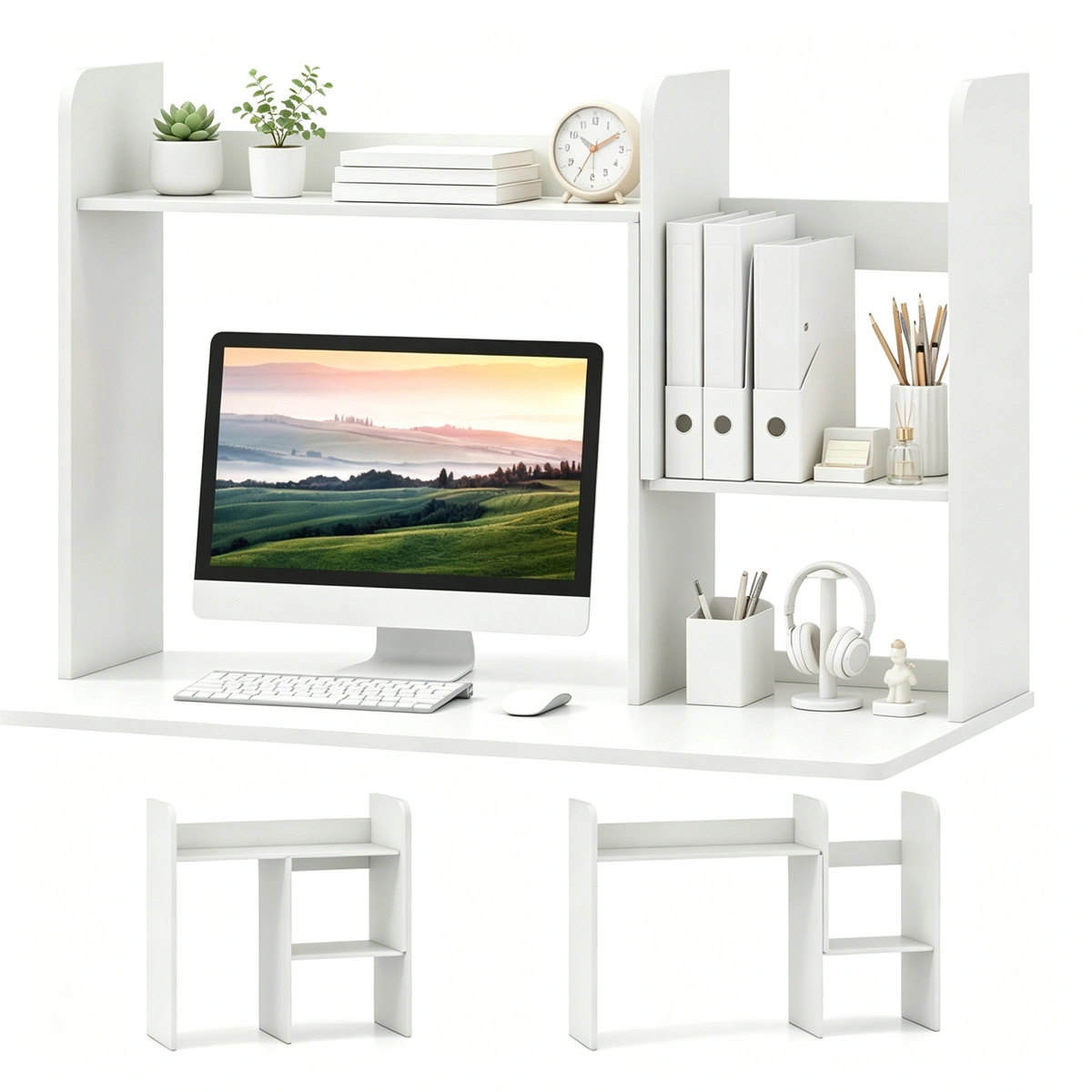 Expandable Desktop Bookshelf Organizer, 26"-38" Adjustable Length Countertop Storage Hutch with Anti-Toppling Design, Engineered Wood Desk Shelf for Office Home Decor - White view 2