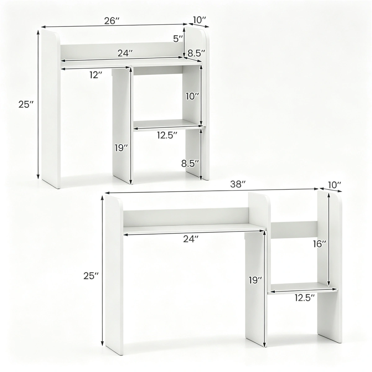 Expandable Desktop Bookshelf Organizer, 26"-38" Adjustable Length Countertop Storage Hutch with Anti-Toppling Design, Engineered Wood Desk Shelf for Office Home Decor - White view 3