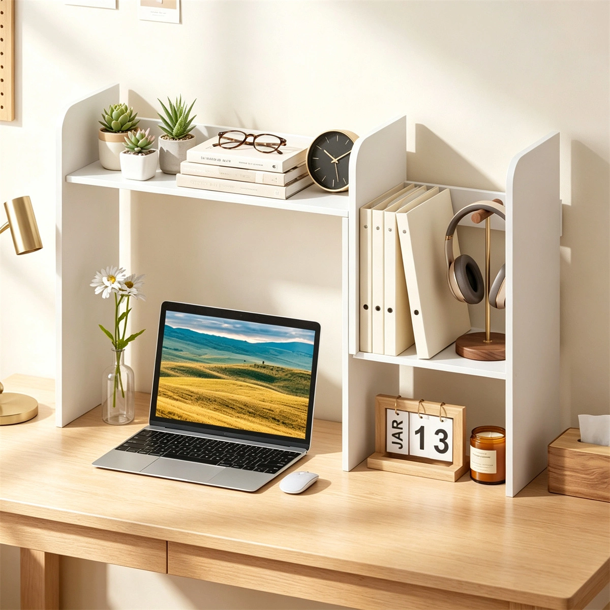 Expandable Desktop Bookshelf Organizer, 26"-38" Adjustable Length Countertop Storage Hutch with Anti-Toppling Design, Engineered Wood Desk Shelf for Office Home Decor - White view 4