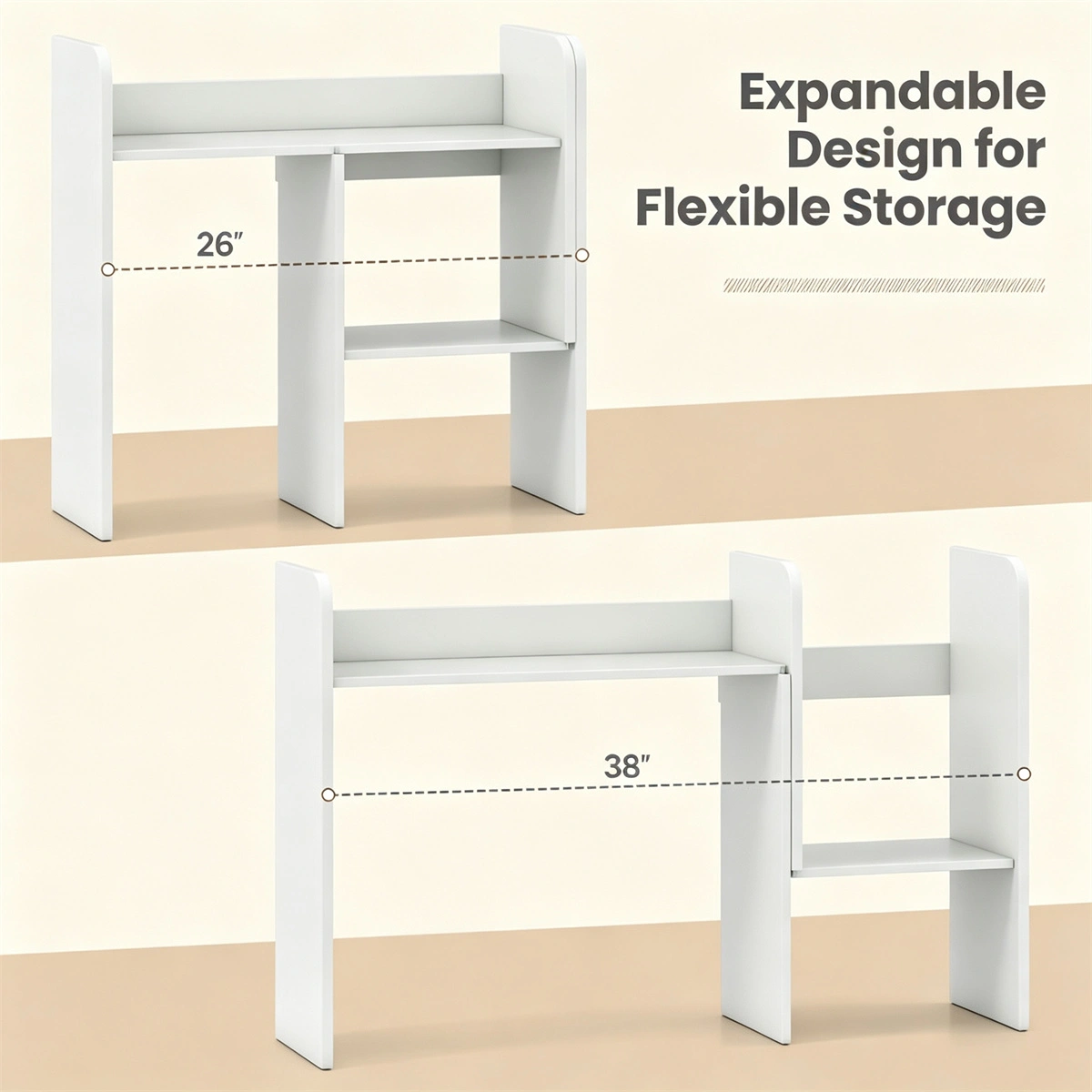 Expandable Desktop Bookshelf Organizer, 26"-38" Adjustable Length Countertop Storage Hutch with Anti-Toppling Design, Engineered Wood Desk Shelf for Office Home Decor - White view 5