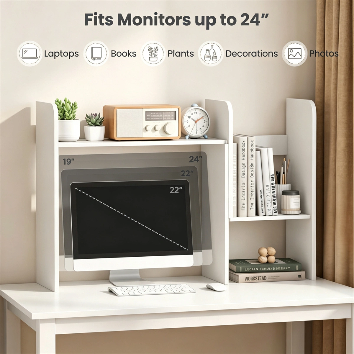Expandable Desktop Bookshelf Organizer, 26"-38" Adjustable Length Countertop Storage Hutch with Anti-Toppling Design, Engineered Wood Desk Shelf for Office Home Decor - White view 7