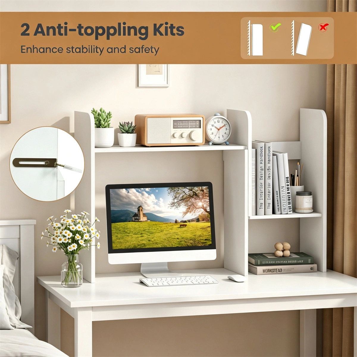 Expandable Desktop Bookshelf Organizer, 26"-38" Adjustable Length Countertop Storage Hutch with Anti-Toppling Design, Engineered Wood Desk Shelf for Office Home Decor - White view 9