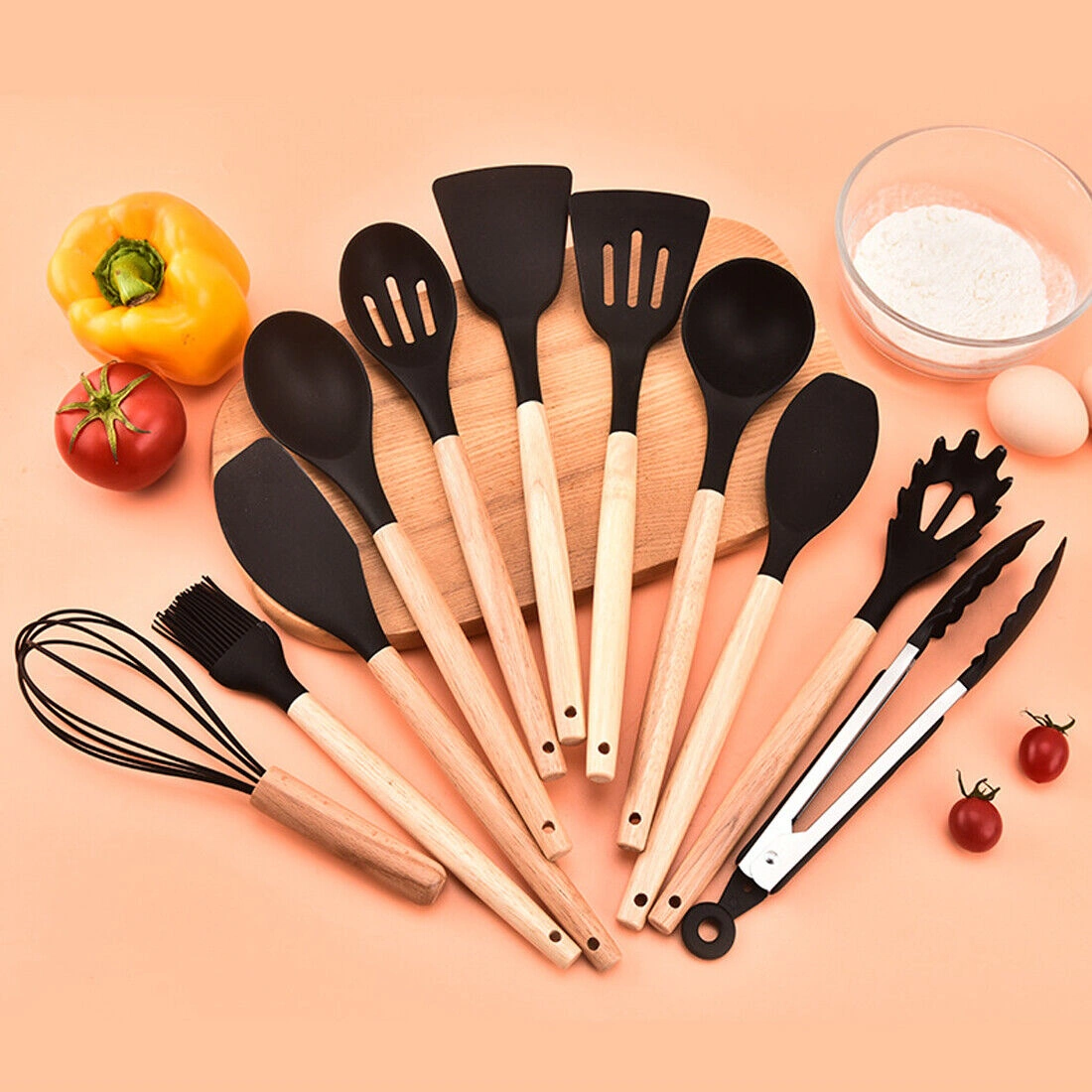 12PCS Silicone Kitchen Utensils Set, Non-Stick Cooking Spatula Turner Spoon Set with Utensil Holder, Heat Resistant BPA-Free, Black view 2