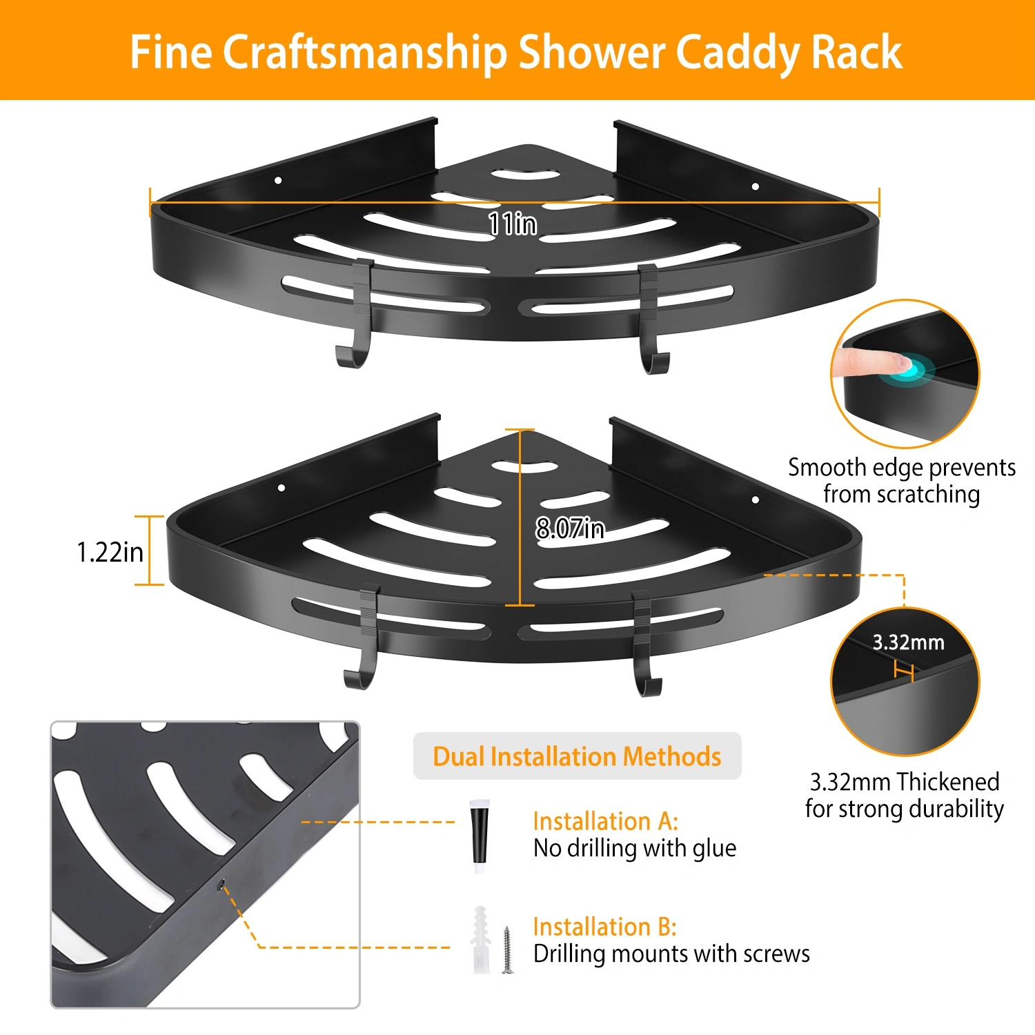 Bath Corner Shower Shelves Adhesive Caddy, Wall Mounted, No Drilling Racks Shower Organizer Basket, Aluminum Storage for Bathroom Kitchen view 8