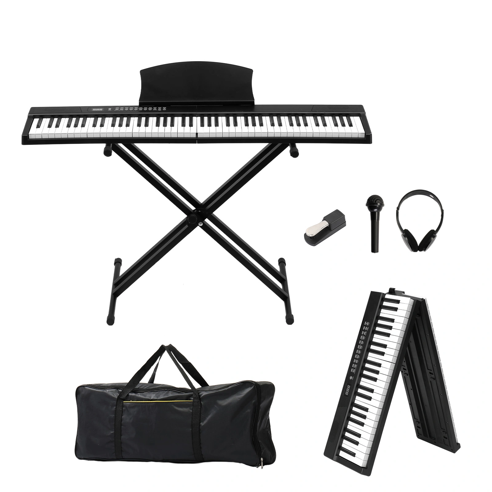 GPPS01-106 88 Key Folding Digital Piano, Semi-Weighted Standard Keyboard, Double X Stand, MIDI Bluetooth, Handbag & Headphones, Black