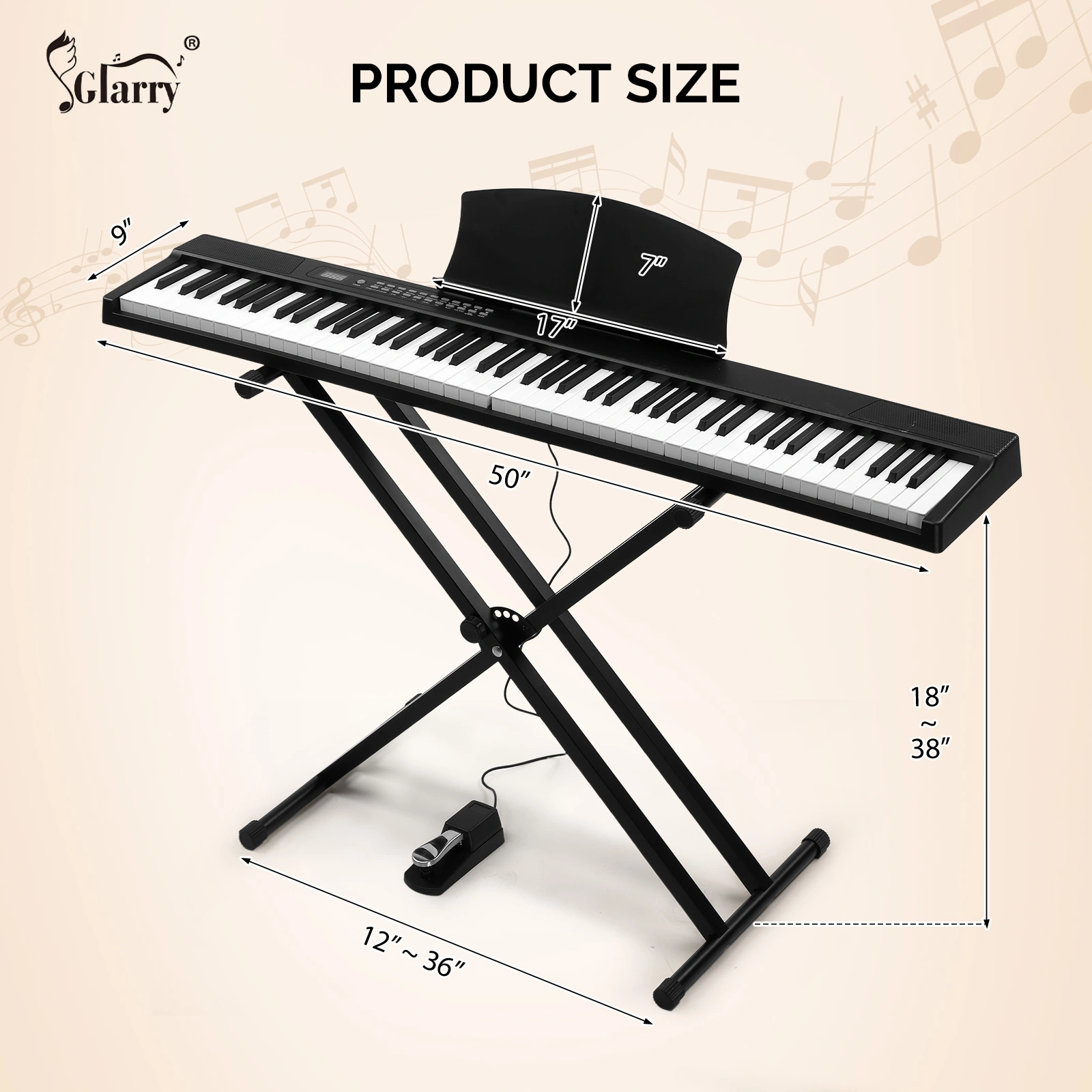 GPPS01-106 88 Key Folding Digital Piano, Semi-Weighted Standard Keyboard, Double X Stand, MIDI Bluetooth, Handbag & Headphones, Black view 3