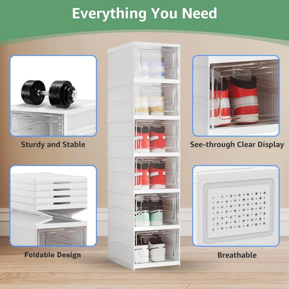 Shoe Storage Organizer Boxes, 6-Pack Foldable Sneaker Display Case, Collapsible Shoe Boxes Clear Window view 2
