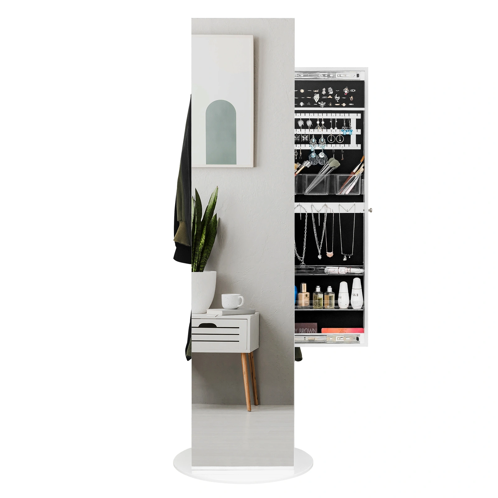 Jewelry Armoire with Full Length Mirror 360° and Large Capacity Jewelry Organizer Armoire, Mirror with Jewelry Storage, Coat Rack,Multi Storage Shelves view 11