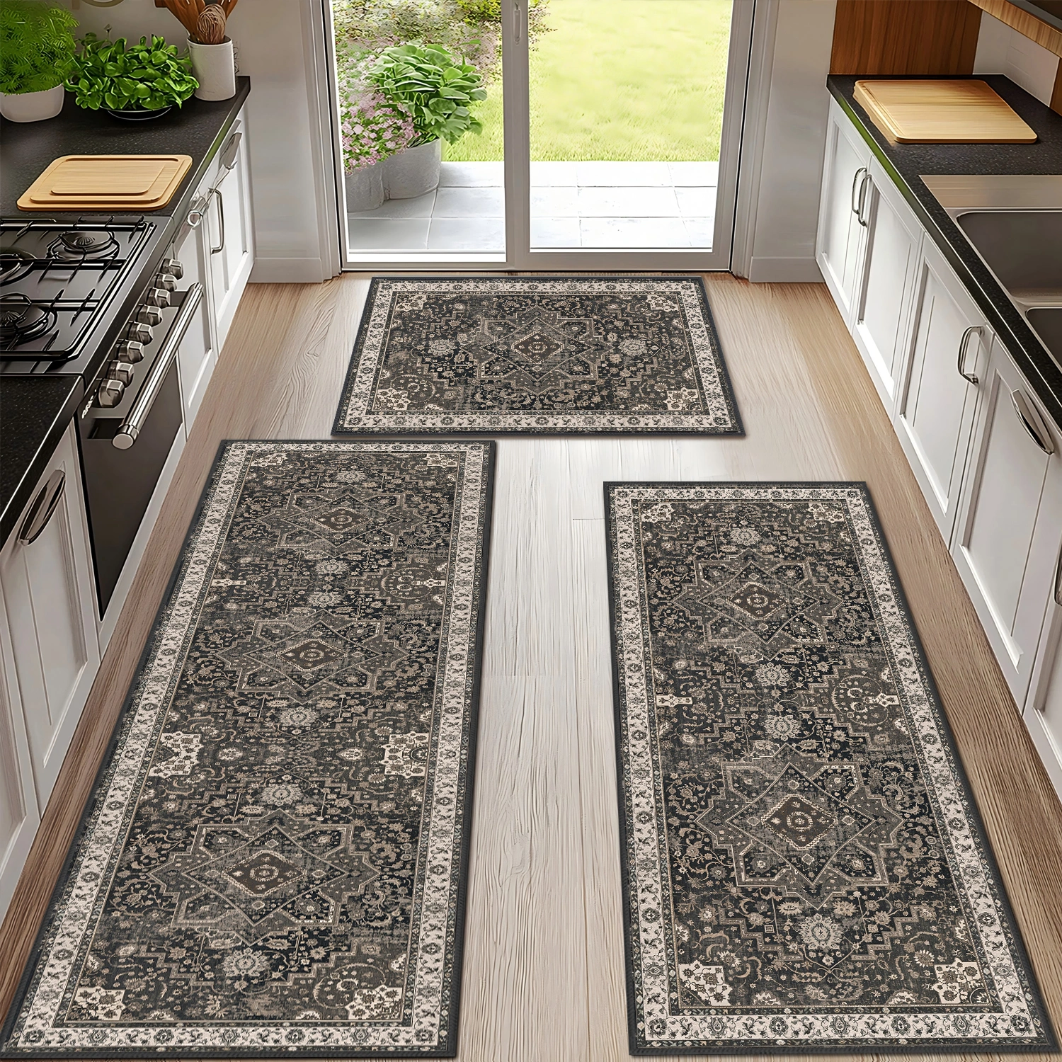Kitchen Rug Sets of 3 Washable Boho Kitchen Rugs and Runner Carpets Non Slip Kitchen Area Rug for Laundry Room Entryway Hallway view 2
